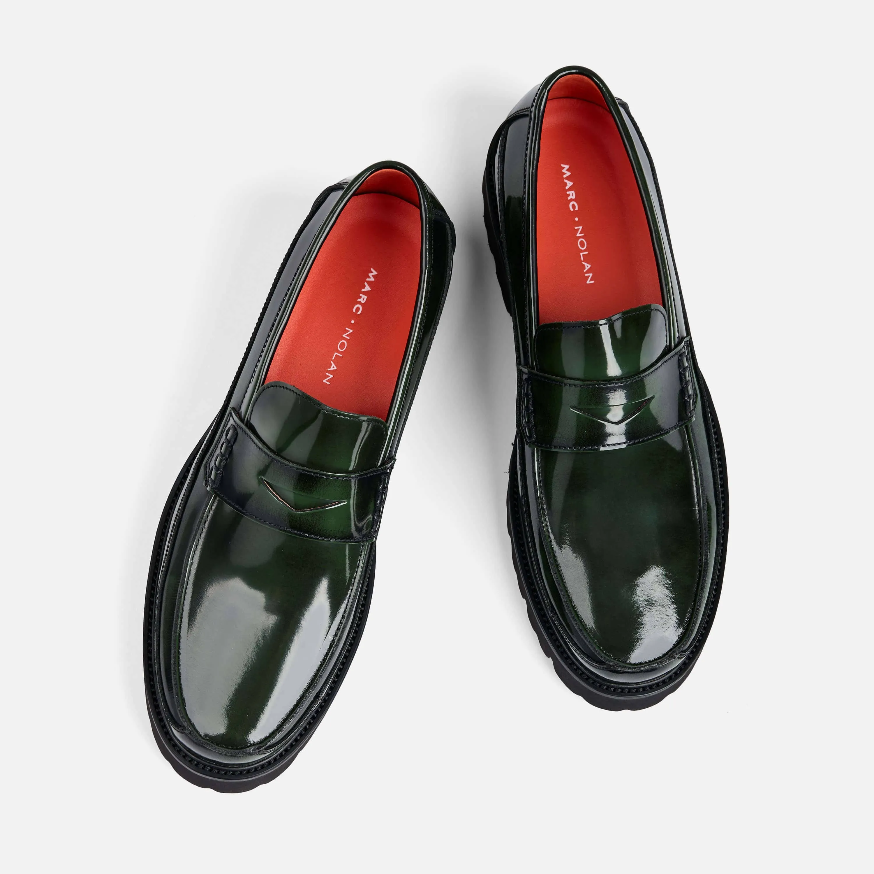 Adler Dunkelgrüne Lackleder-Penny-Loafer