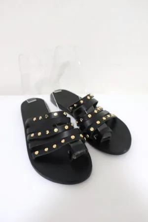 Antike griechische Sandalen Niki Nails Sandalen Schwarz Leder Größe 36 Flache Schlapfen NEU