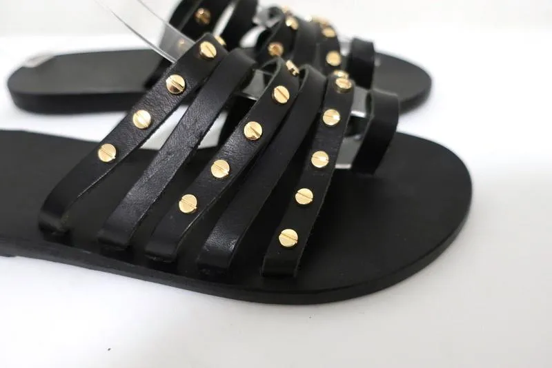 Antike griechische Sandalen Niki Nails Sandalen Schwarz Leder Größe 36 Flache Schlapfen NEU