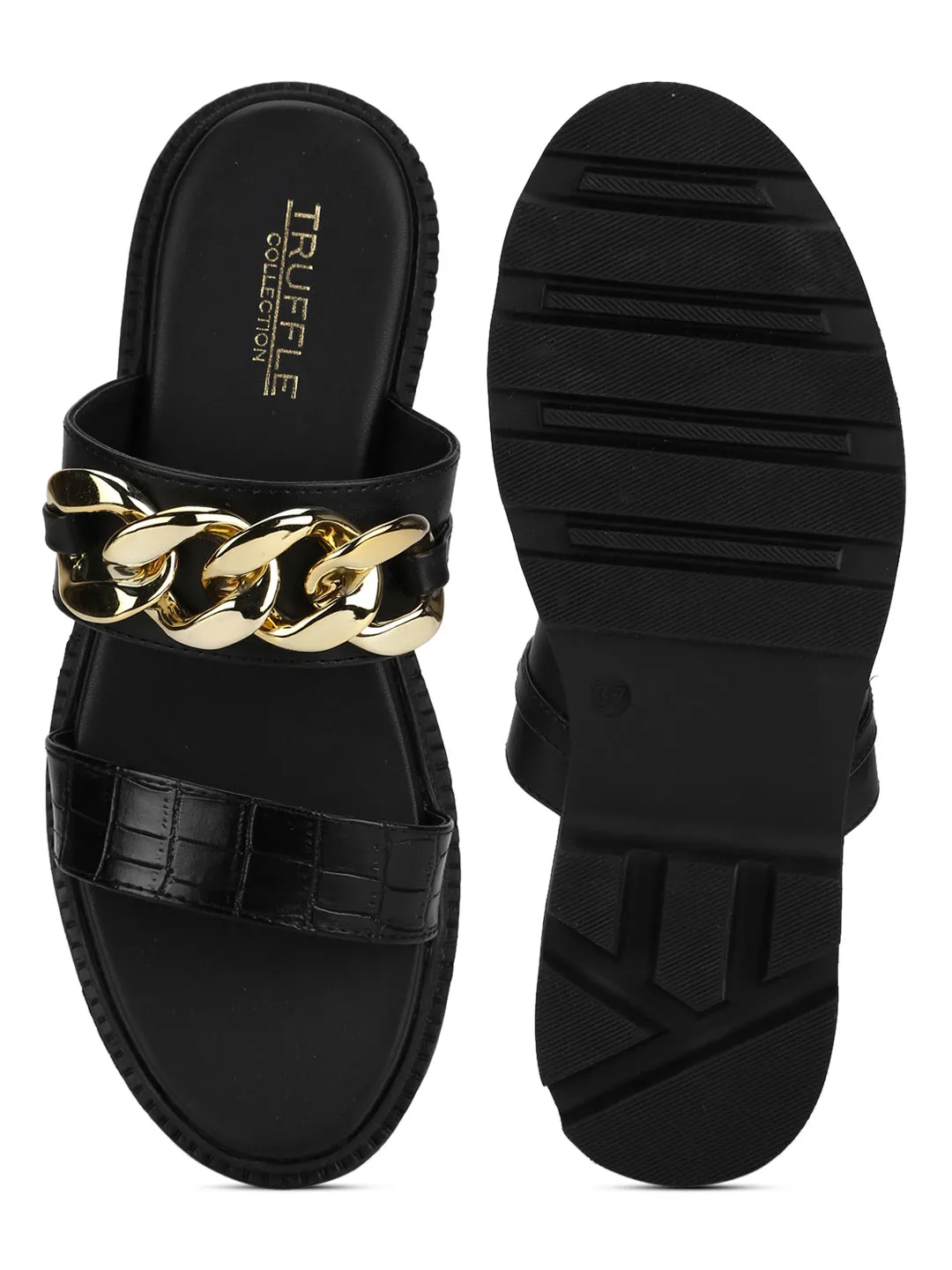 Schwarze PU-Plattformschuhe mit Kette (TC-ST-1219-BLKPU)