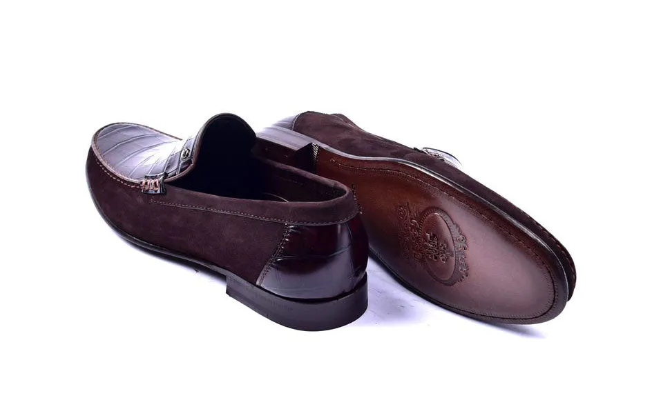Corrente Krokodilgeprägtes Kalbsleder & Wildleder Loafer Braun