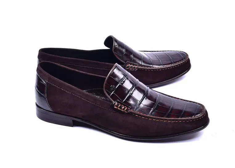 Corrente Krokodilgeprägtes Kalbsleder & Wildleder Loafer Braun