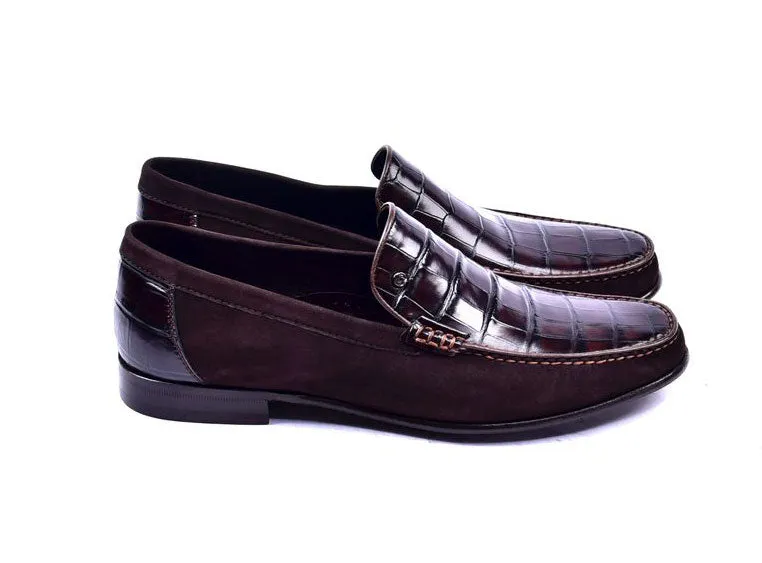 Corrente Krokodilgeprägtes Kalbsleder & Wildleder Loafer Braun