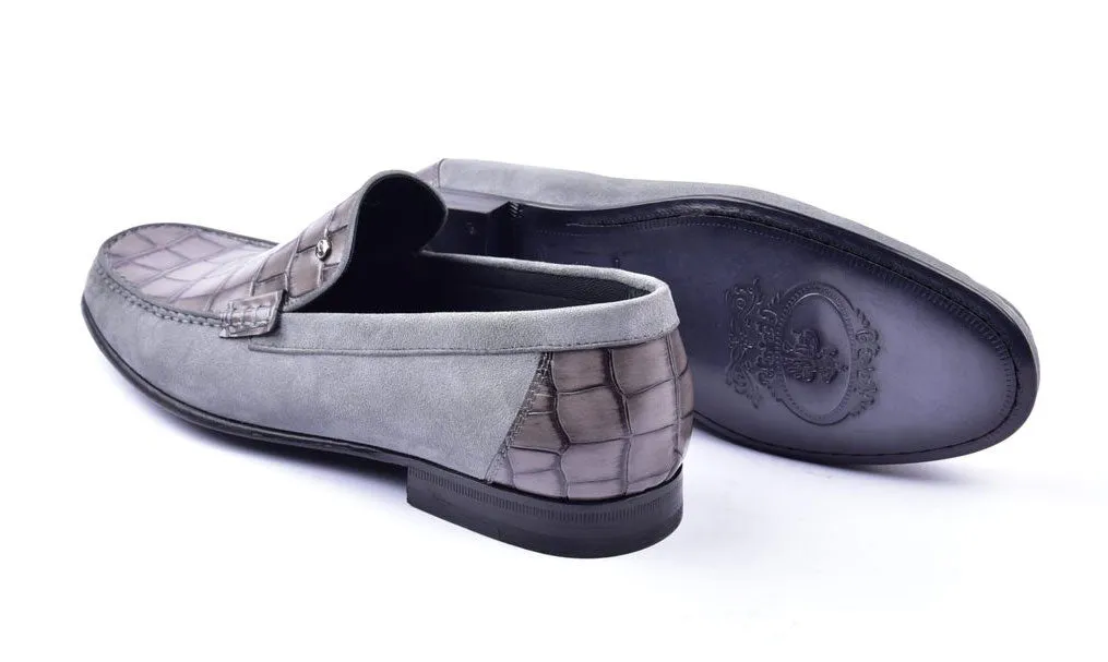 Corrente Crocodile Geprägtes Kalbsleder & Wildleder Loafer Grau