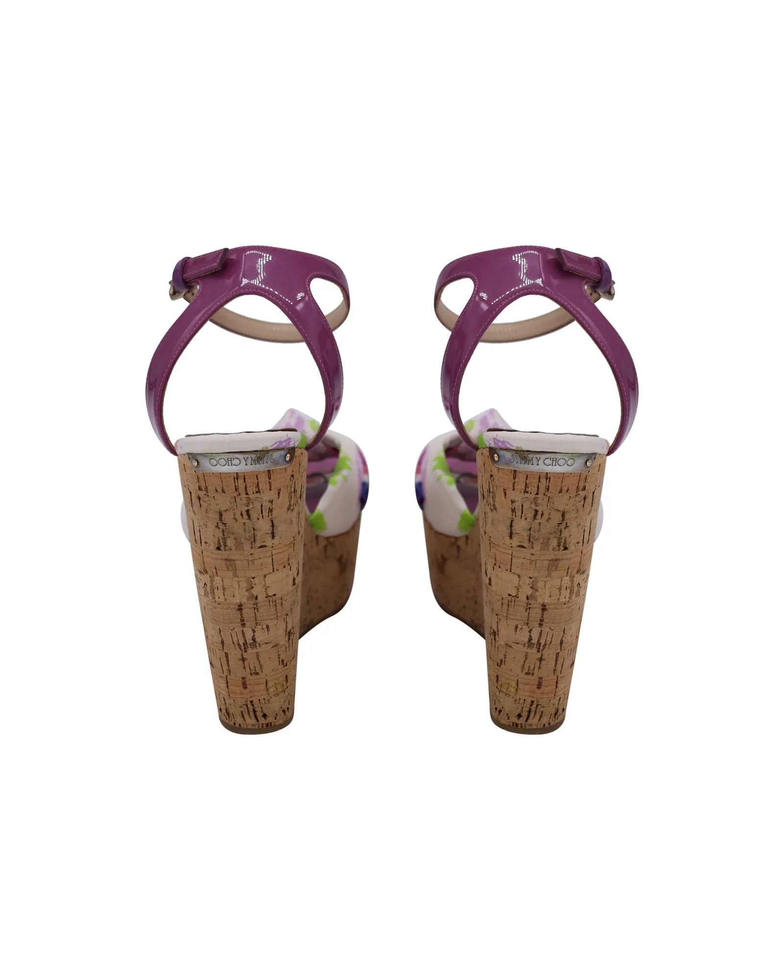 Jimmy Choo Gleam Bedruckte Kork Keilpantoletten in Lila Canvas Schuhen_Jimmy-Choo