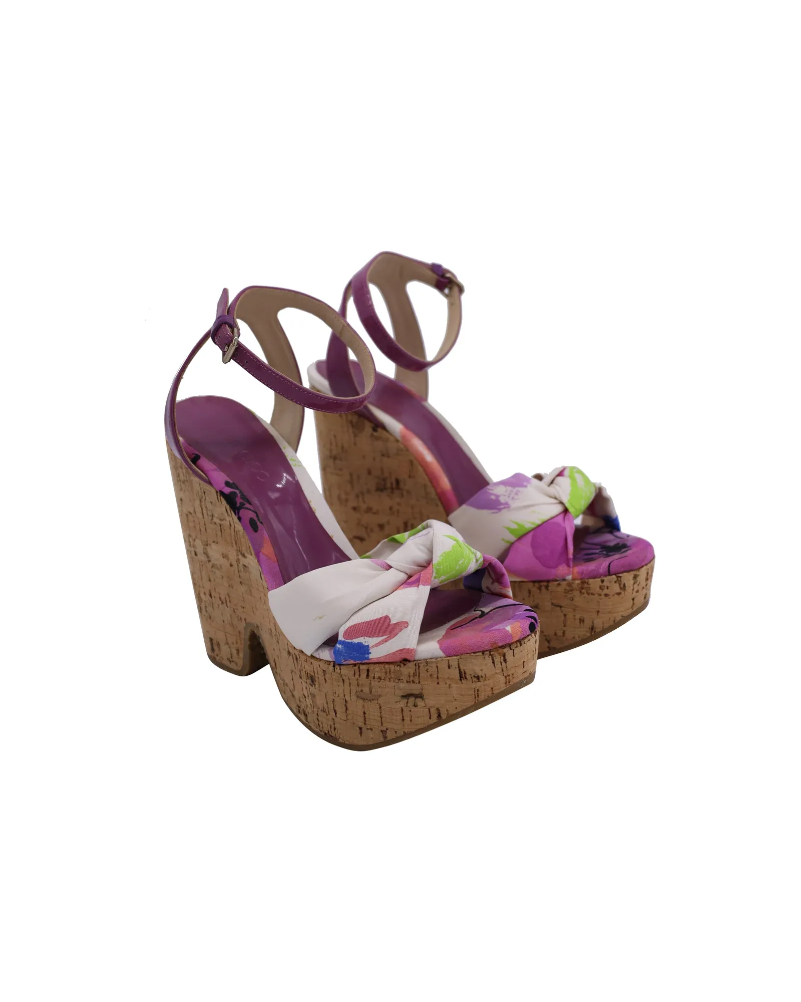Jimmy Choo Gleam Bedruckte Kork Keilpantoletten in Lila Canvas Schuhen_Jimmy-Choo