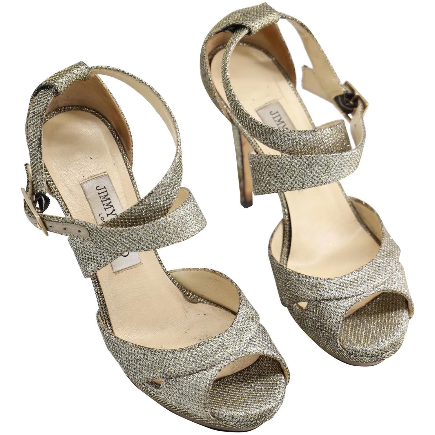 Jimmy Choo Lamé Glitzer Kuki Plateau-Sandalen in Metallicsilber Leder Schuhen_Jimmy-Choo