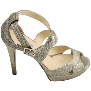 Jimmy Choo Lamé Glitzer Kuki Plateau-Sandalen in Metallicsilber Leder Schuhen_Jimmy-Choo