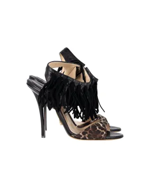 Jimmy Choo Leopardenmuster-Fransen-Sandalen in schwarzem Leder