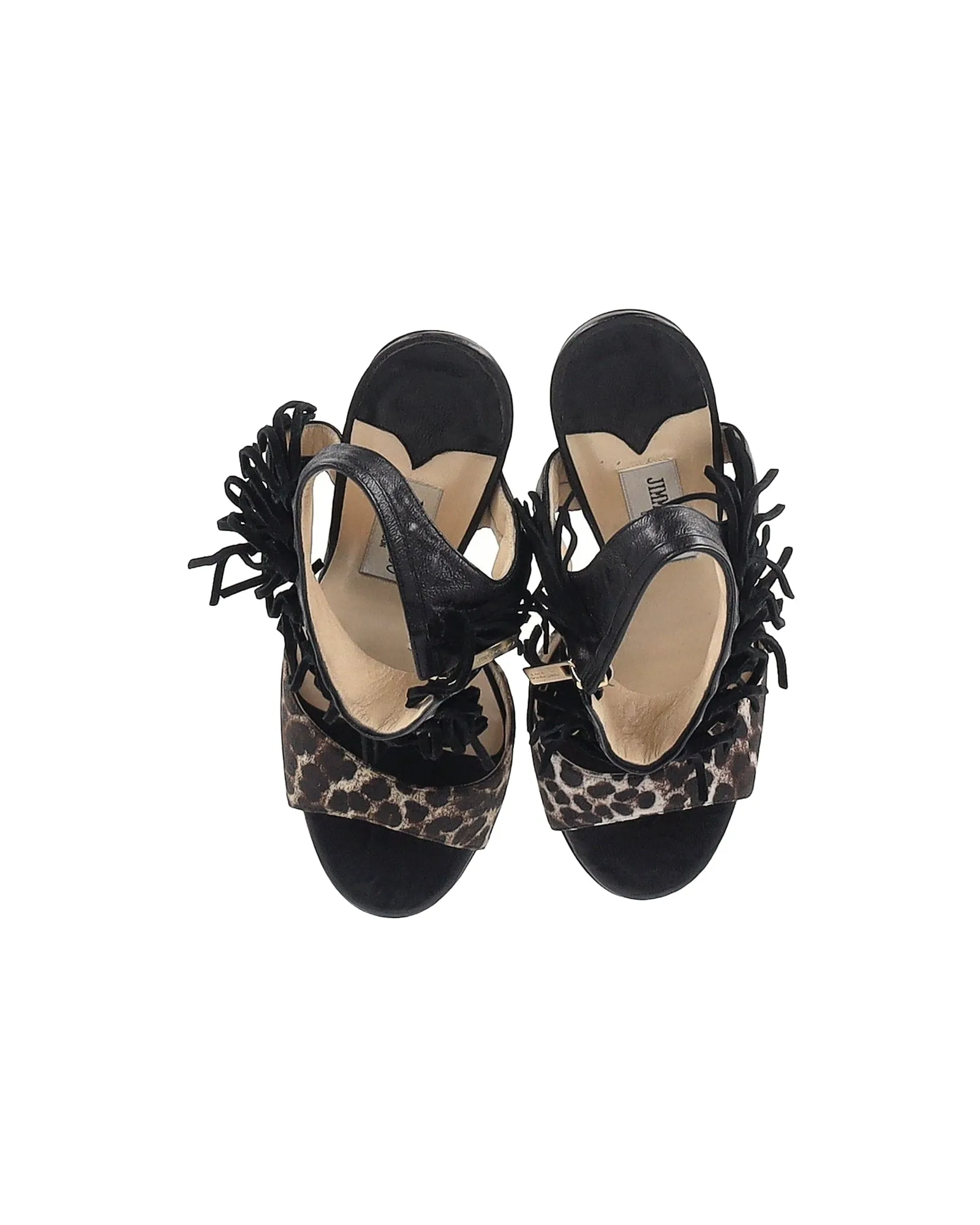 Jimmy Choo Leopardenmuster-Fransen-Sandalen in schwarzem Leder