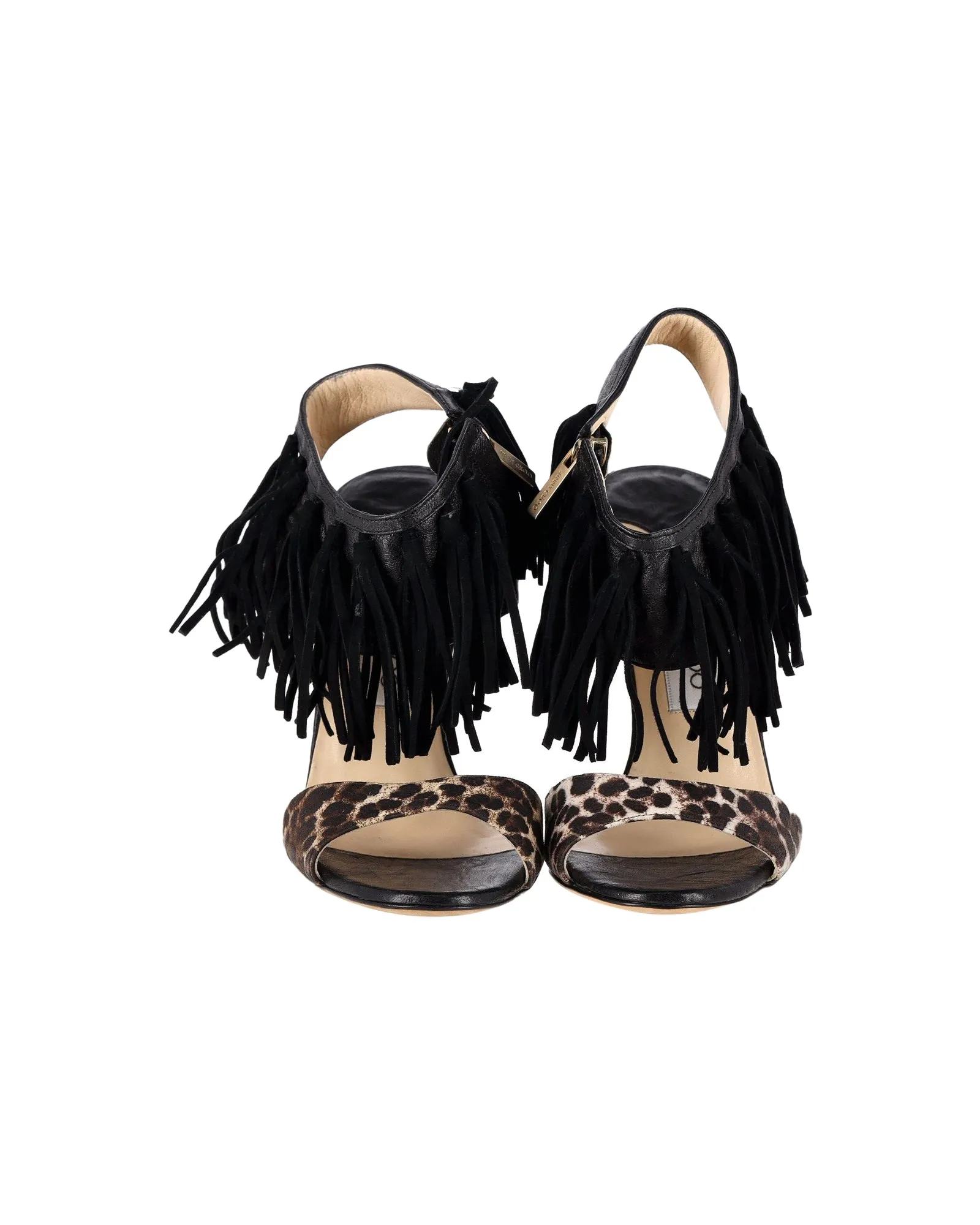 Jimmy Choo Leopardenmuster-Fransen-Sandalen in schwarzem Leder