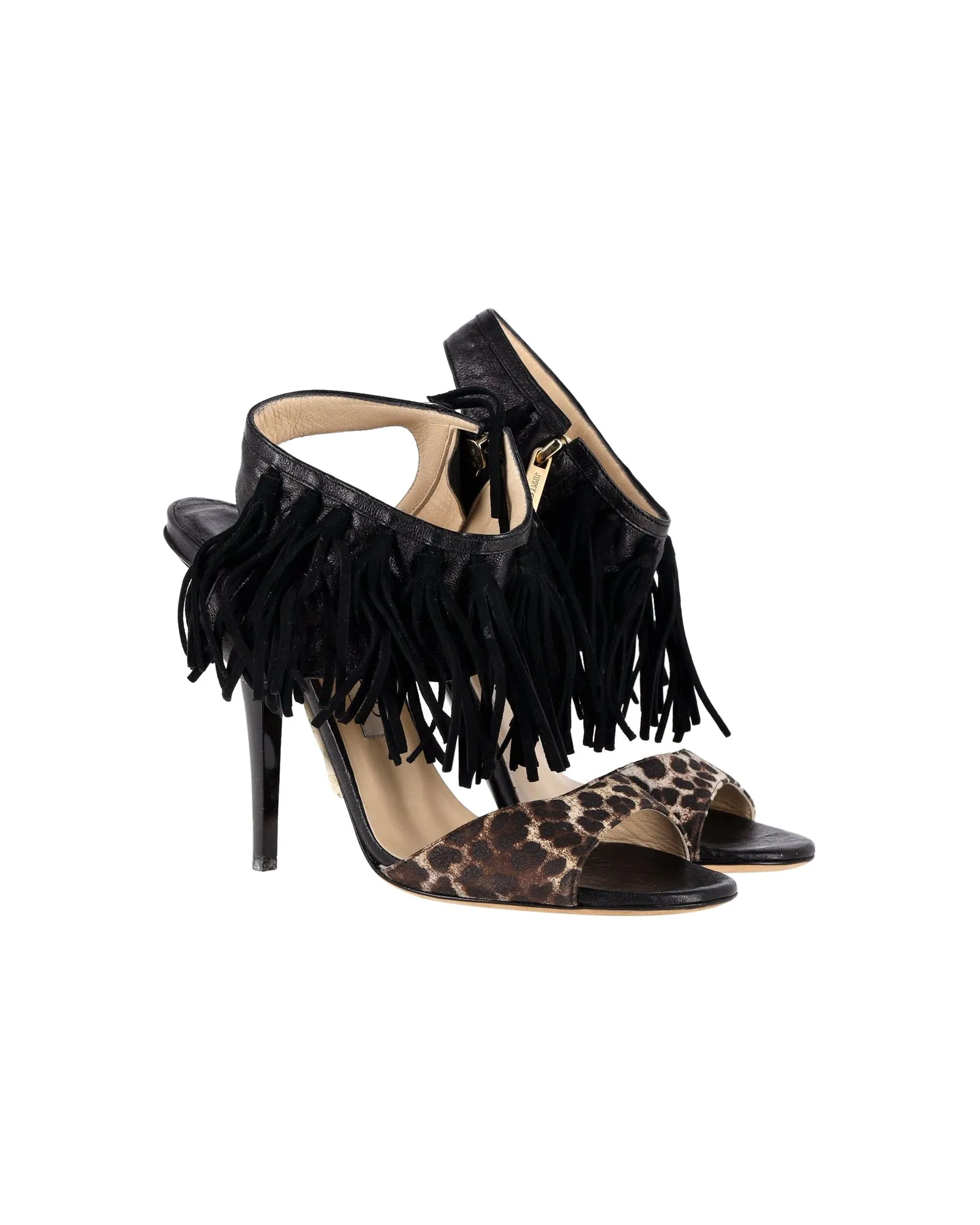 Jimmy Choo Leopardenmuster-Fransen-Sandalen in schwarzem Leder