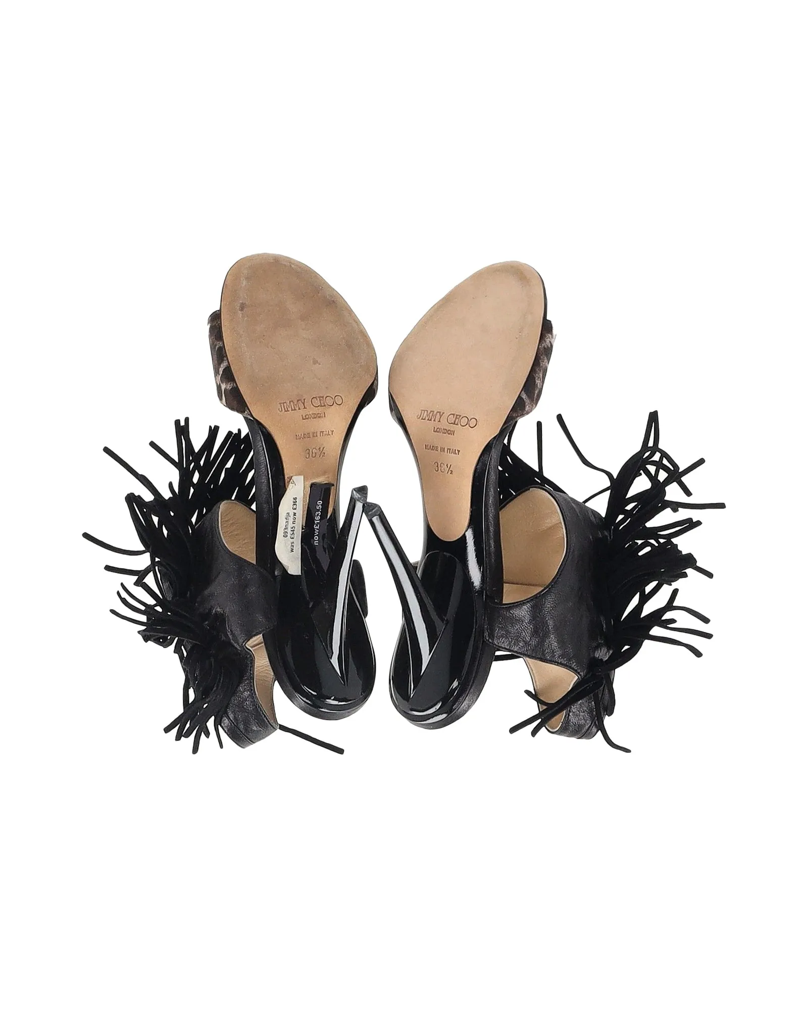 Jimmy Choo Leopardenmuster-Fransen-Sandalen in schwarzem Leder
