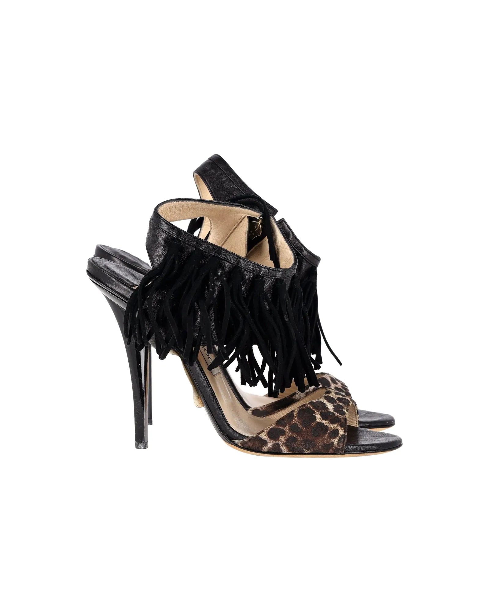 Jimmy Choo Leopardenmuster-Fransen-Sandalen in schwarzem Leder