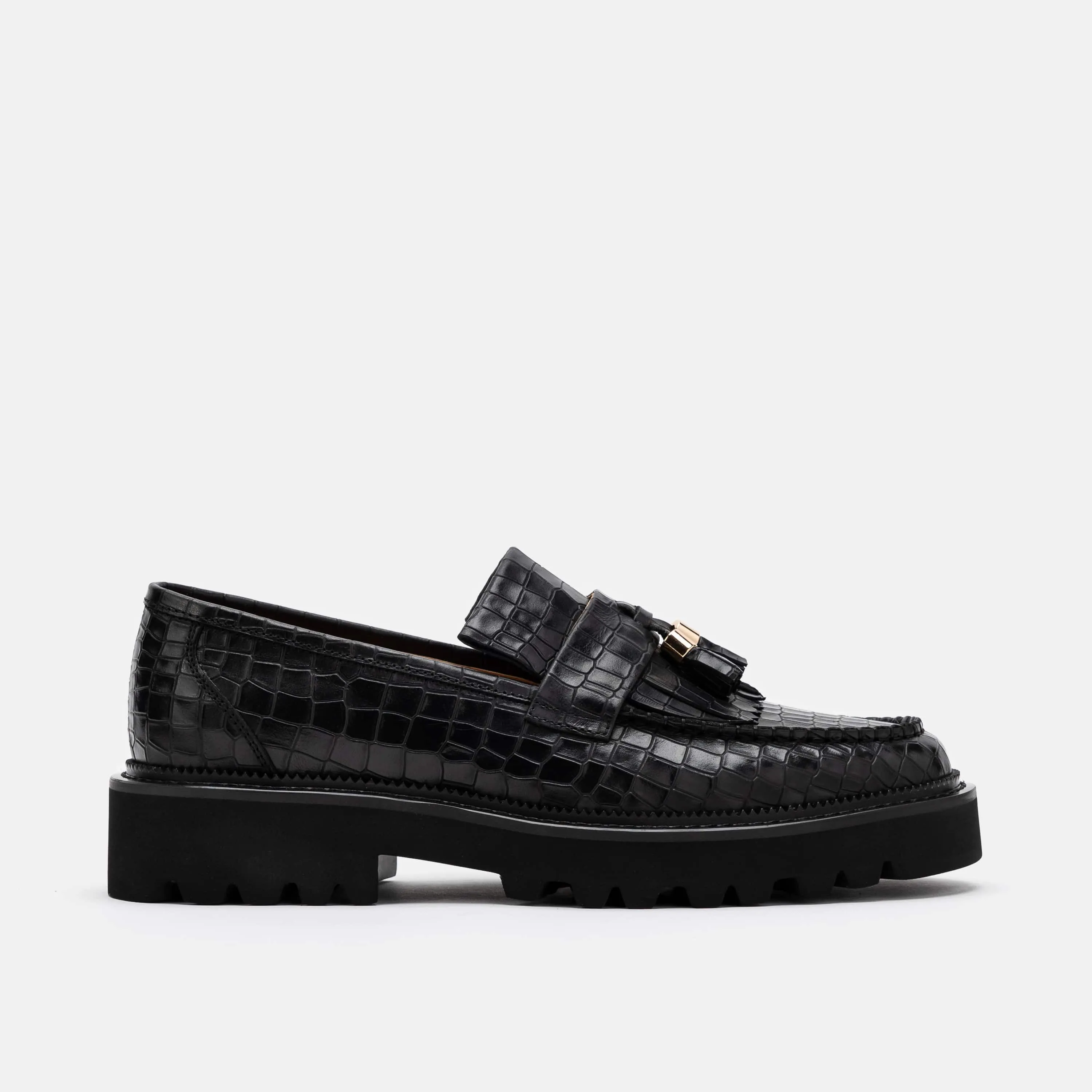 Journey Black Croc Leder Lug Quaste Loafers