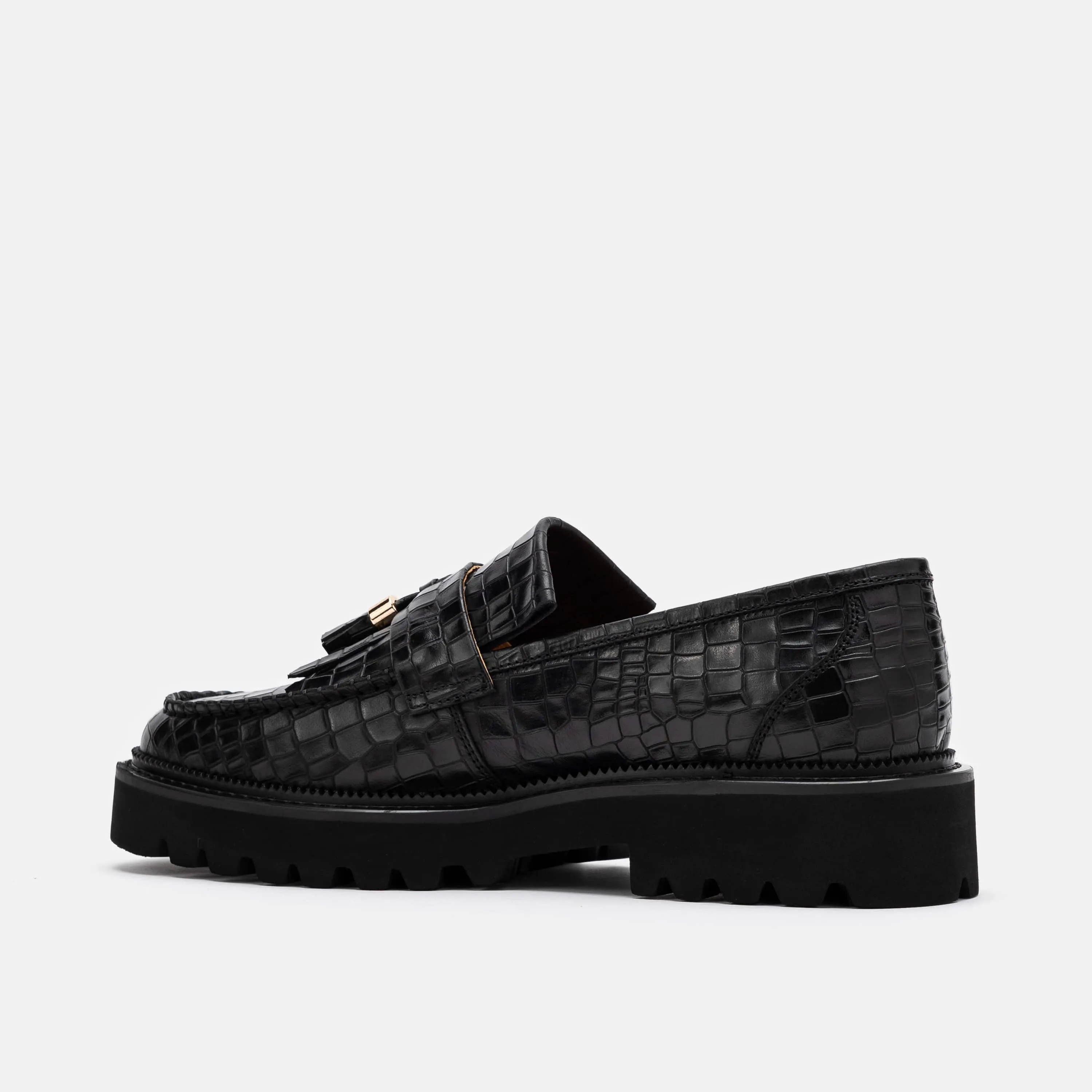 Journey Black Croc Leder Lug Quaste Loafers