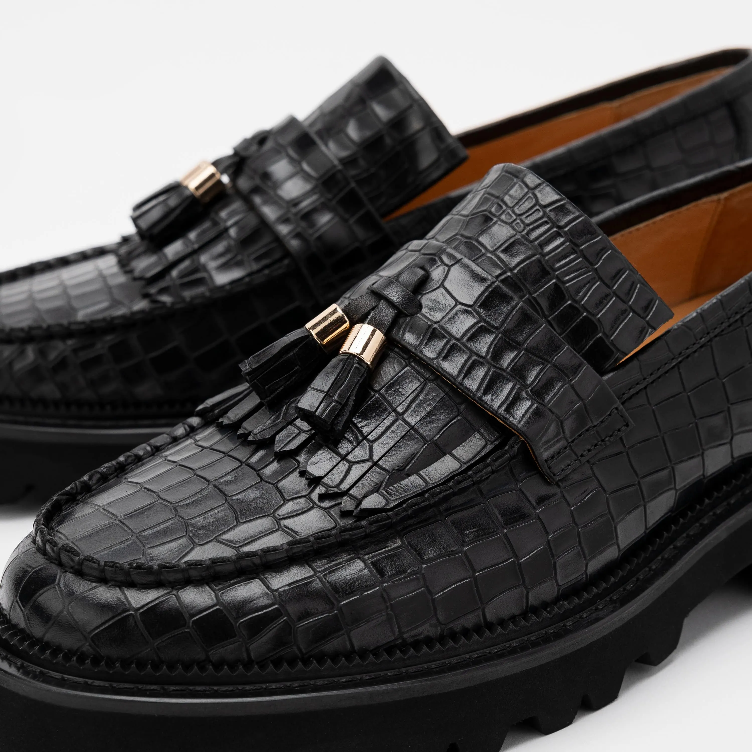 Journey Black Croc Leder Lug Quaste Loafers