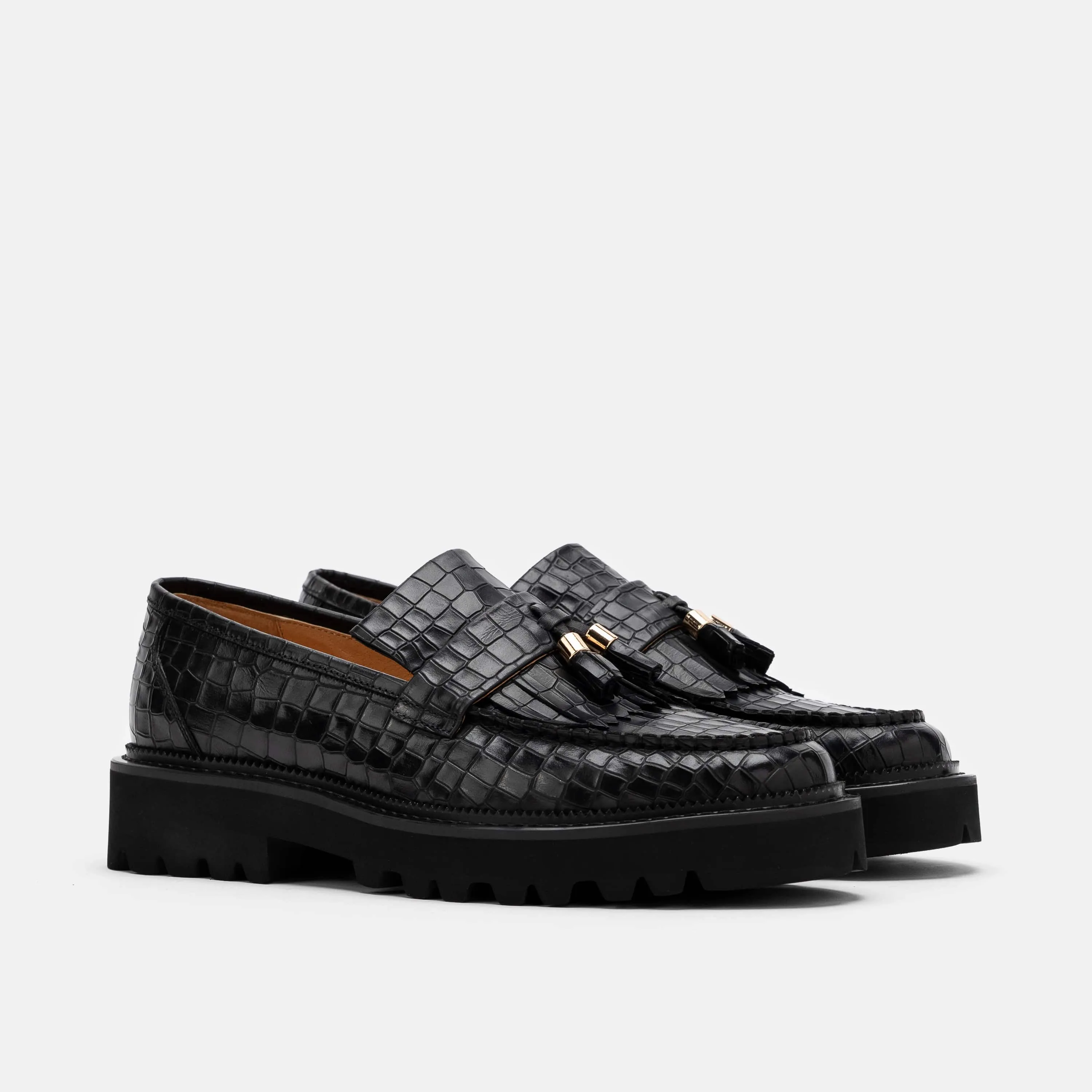 Journey Black Croc Leder Lug Quaste Loafers