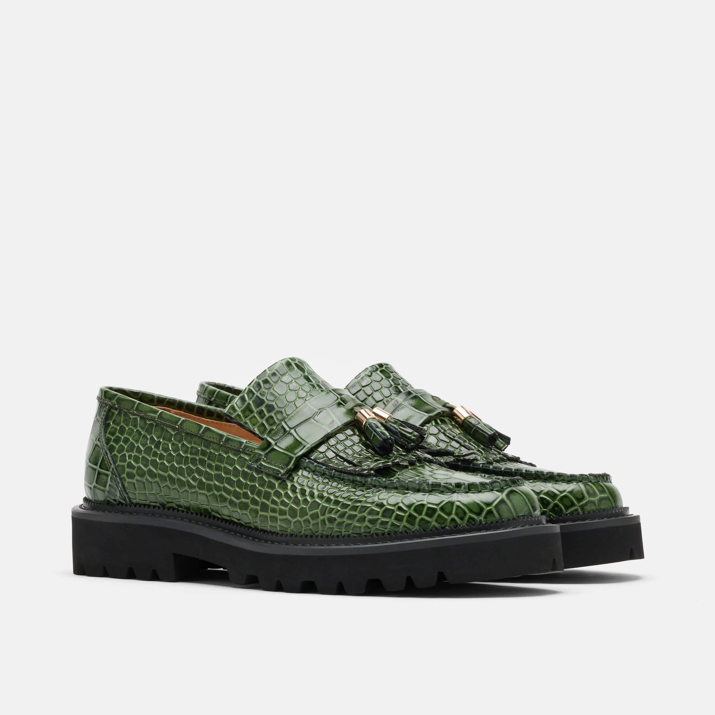 Journey Grün Kroko-Leder Riemchenslipper mit Quaste