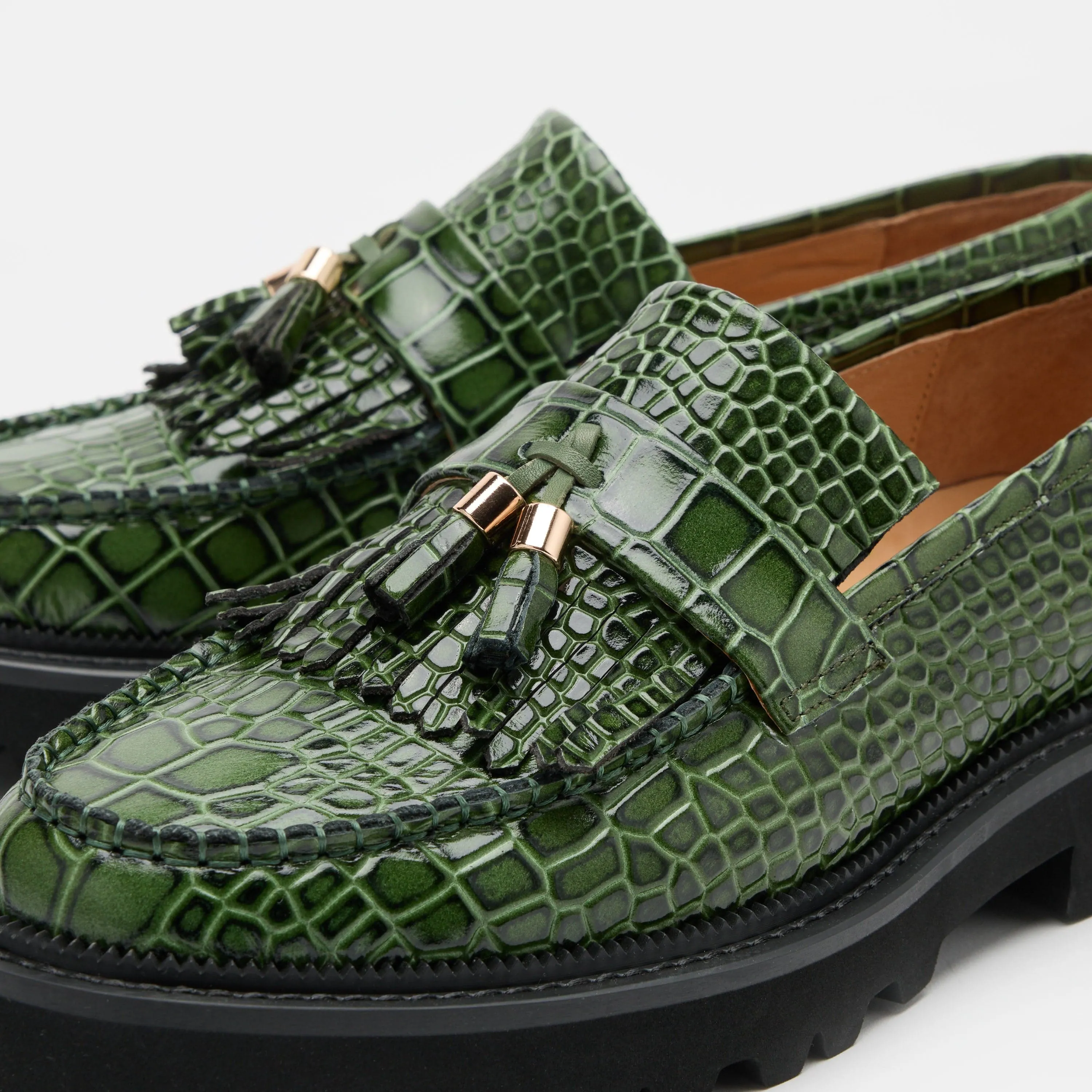 Journey Grün Kroko-Leder Riemchenslipper mit Quaste