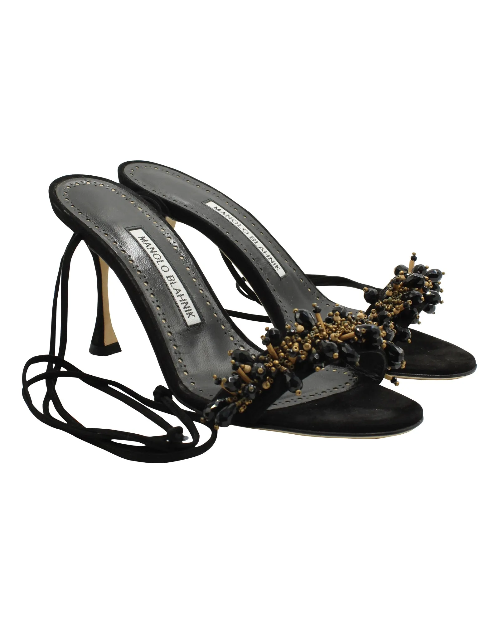 Manolo Blahnik Verzierte Riemchensandalen in Schwarz Leder Schuhe_Manolo-Blahnik