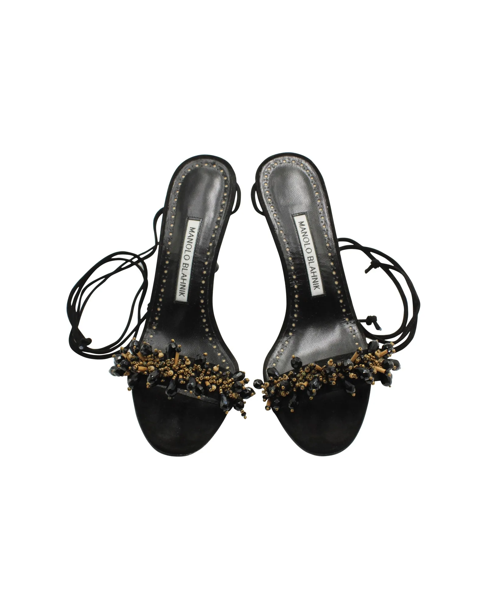 Manolo Blahnik Verzierte Riemchensandalen in Schwarz Leder Schuhe_Manolo-Blahnik