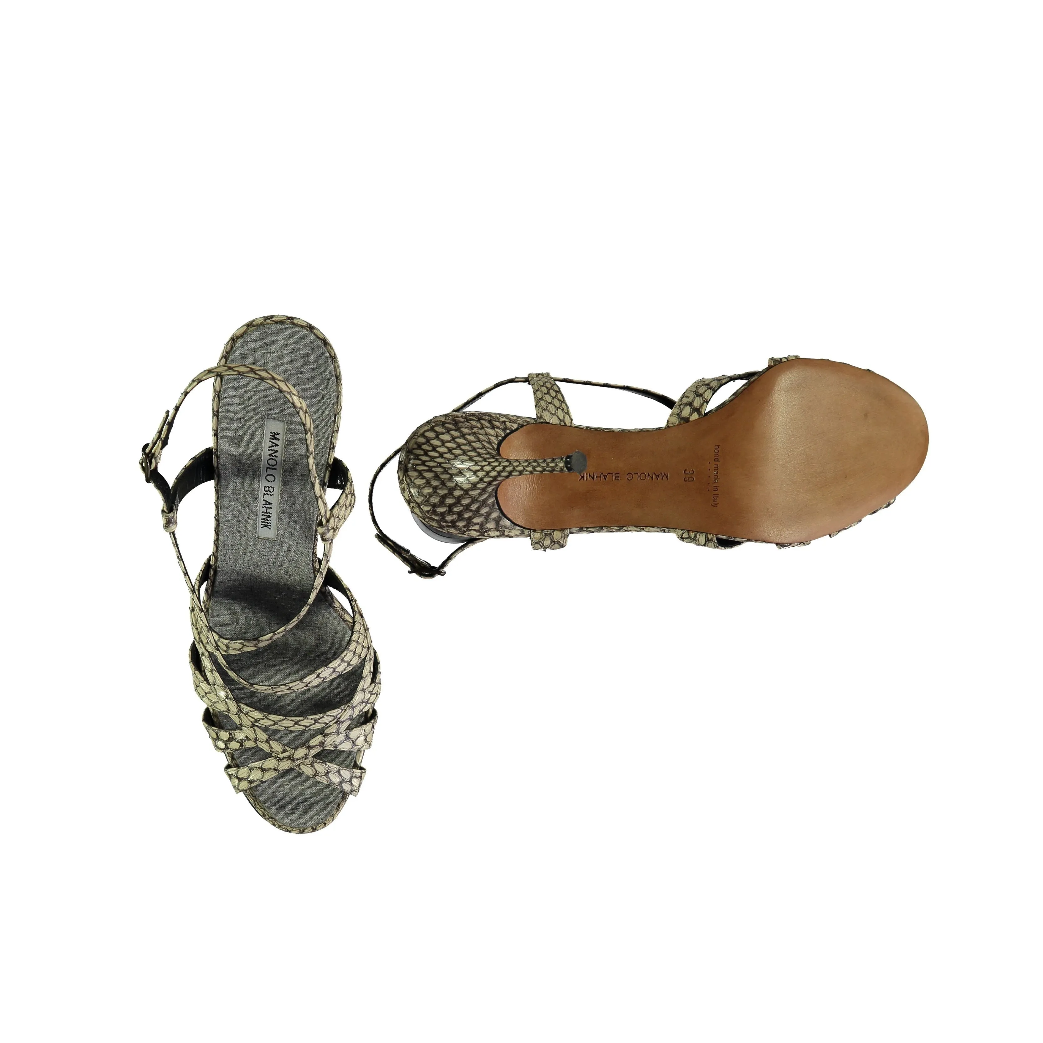 Manolo Blahnik Sandalen mit Schlangenleder und Riemchenabsatz_Manolo-Blahnik