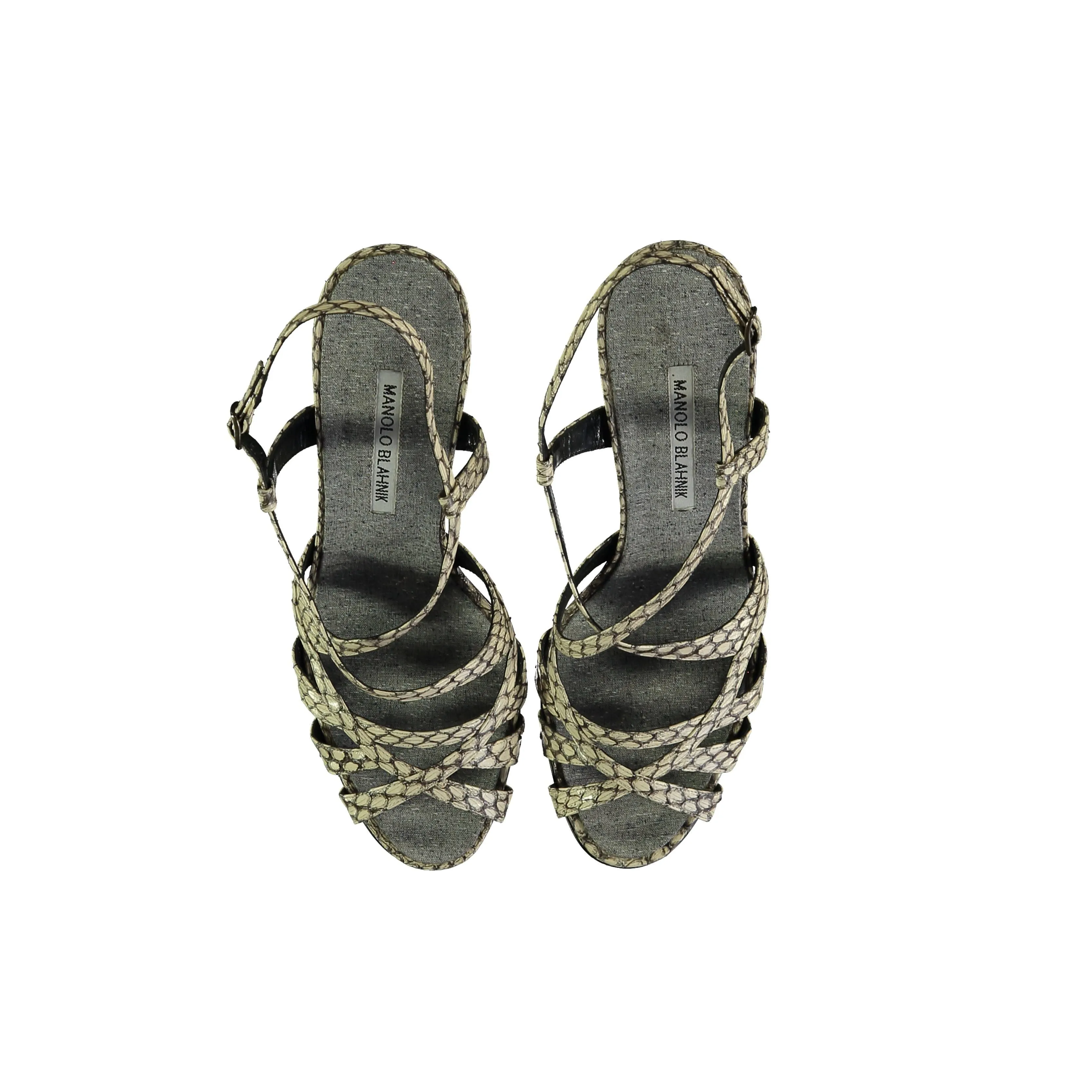 Manolo Blahnik Sandalen mit Schlangenleder und Riemchenabsatz_Manolo-Blahnik
