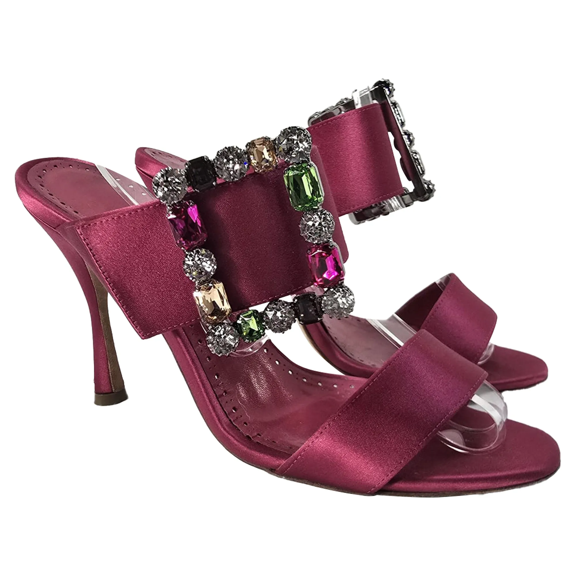 Manolo Blahnik Verda Verzierte Slip-On Absatzsandalen in Rosa Satin Schuhe_Manolo-Blahnik