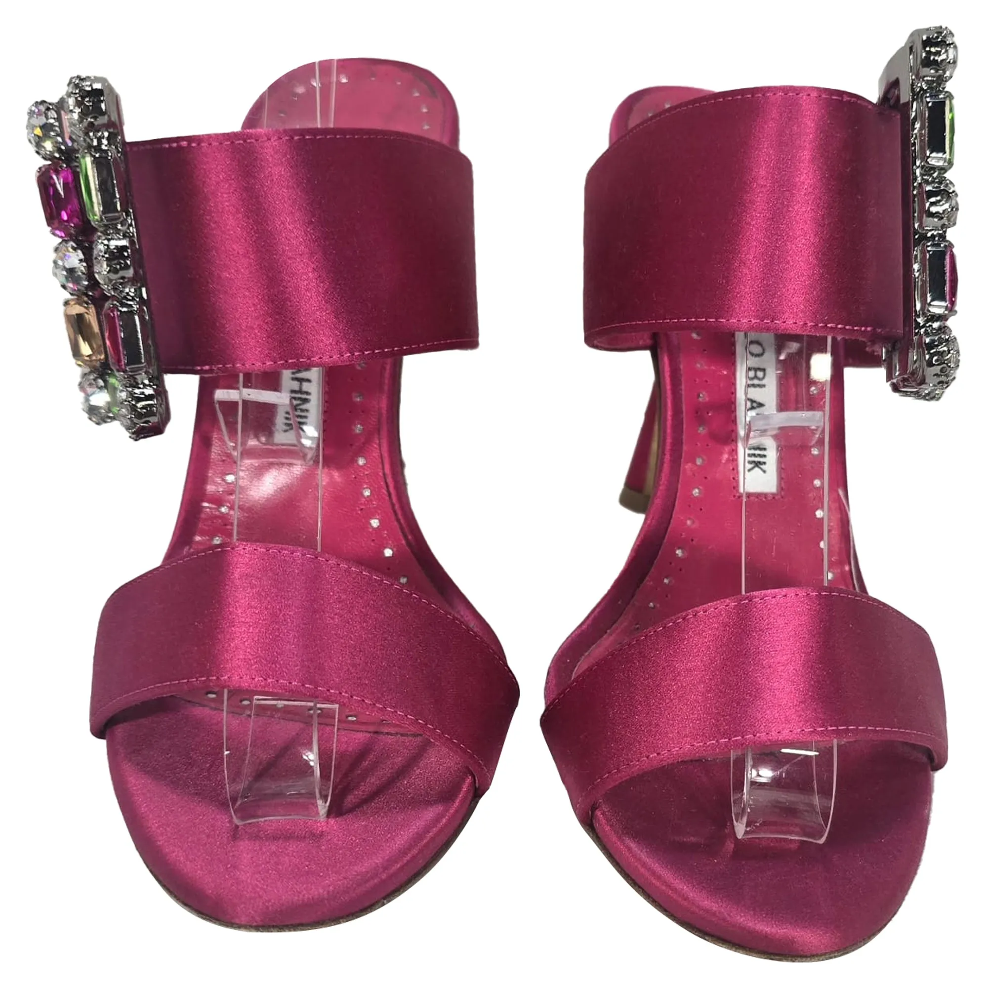 Manolo Blahnik Verda Verzierte Slip-On Absatzsandalen in Rosa Satin Schuhe_Manolo-Blahnik
