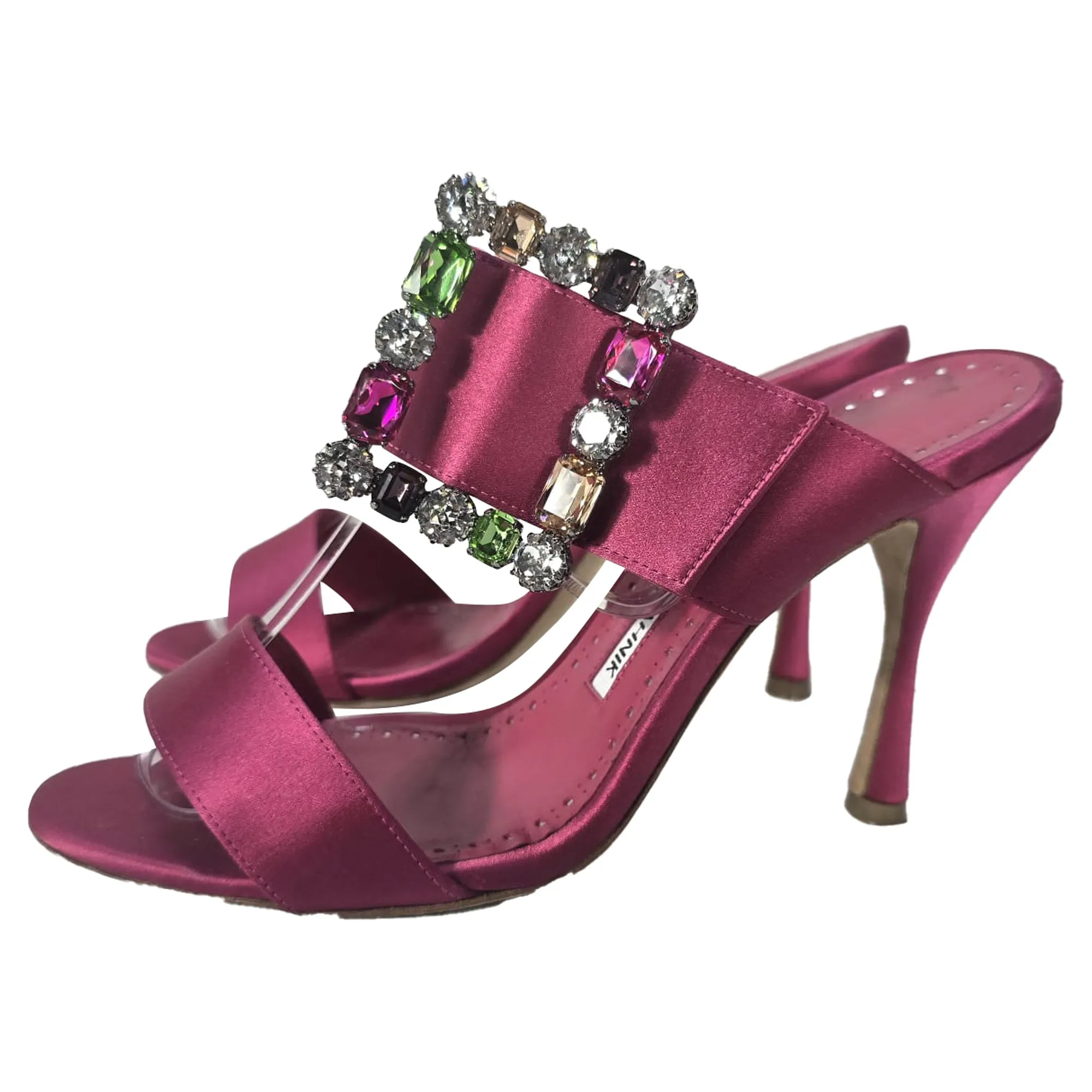 Manolo Blahnik Verda Verzierte Slip-On Absatzsandalen in Rosa Satin Schuhe_Manolo-Blahnik