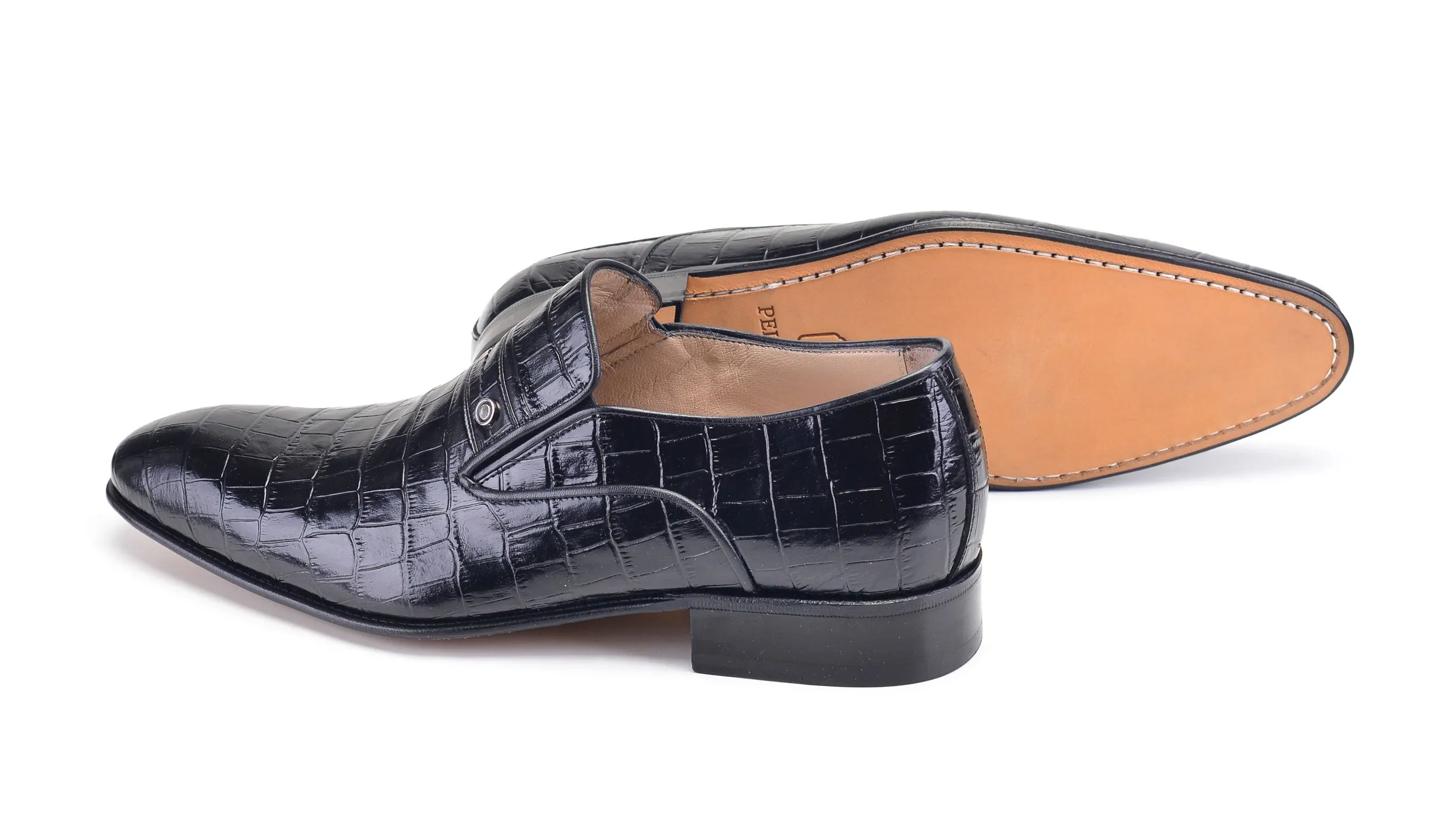 Pelle Krokodilgeprägter Kalbsleder-Slip-On-Loafer Schwarz