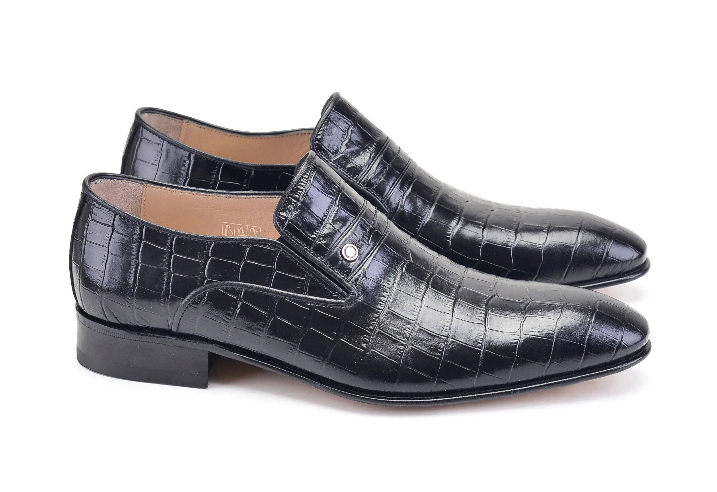 Pelle Krokodilgeprägter Kalbsleder-Slip-On-Loafer Schwarz