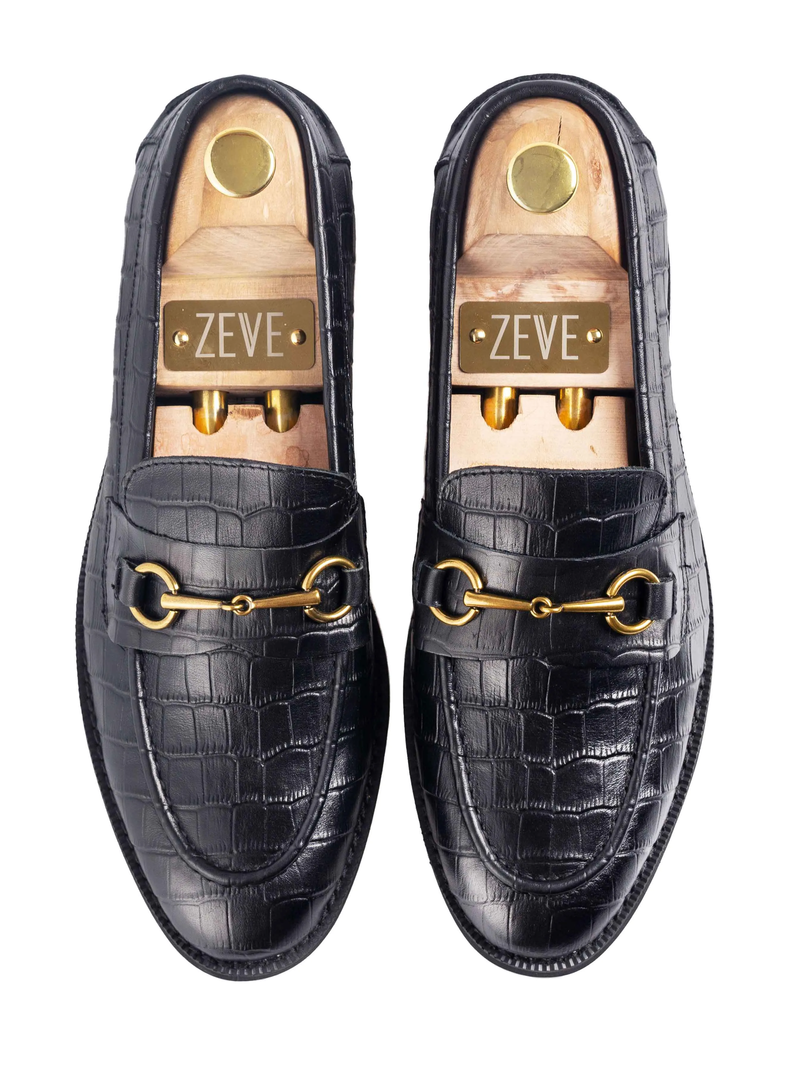 Penny Loafer mit Pferdebit-Verschluss - Schwarzes Krokodilleder (Crepe-Sohle)