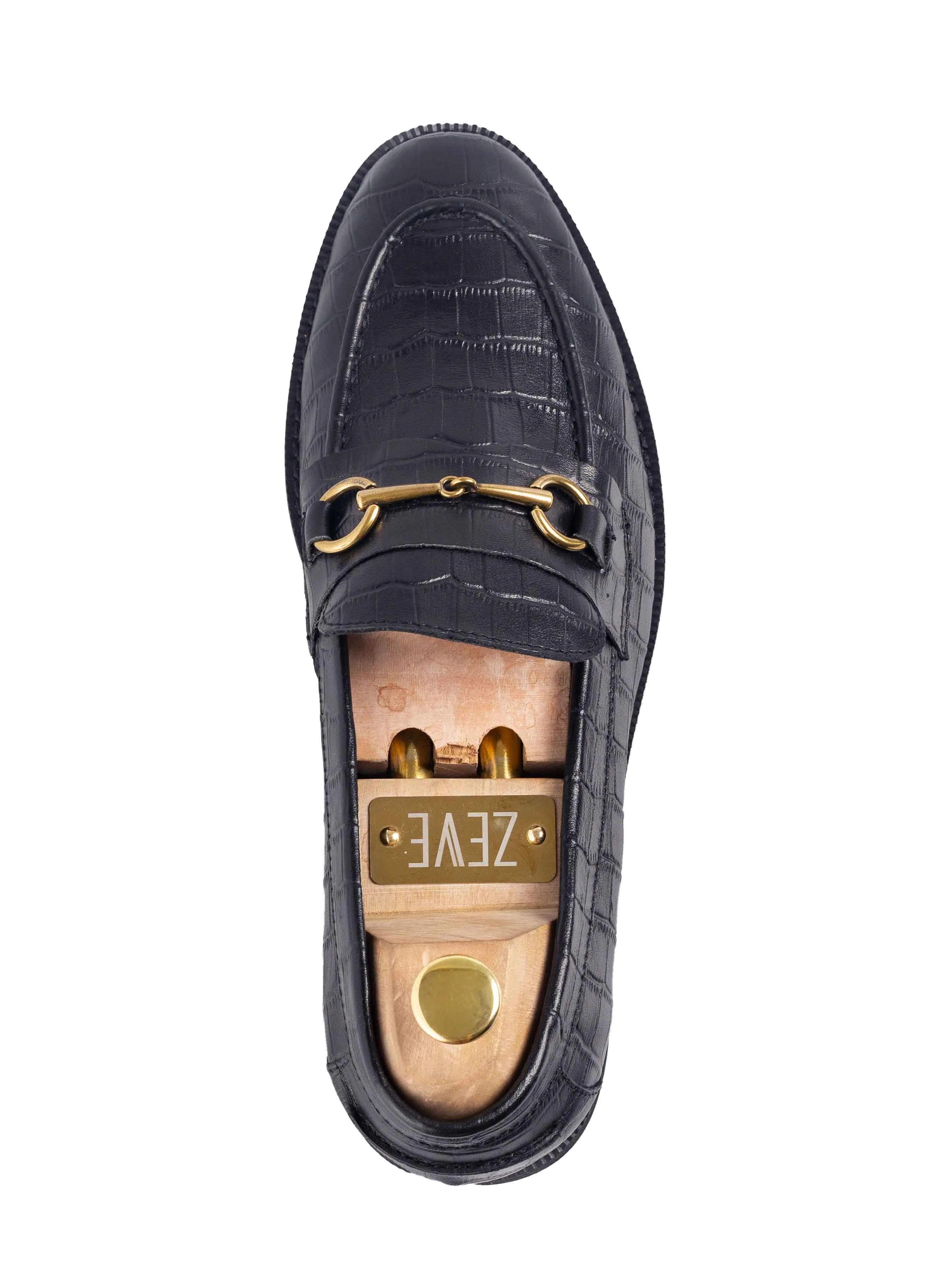 Penny Loafer mit Pferdebit-Verschluss - Schwarzes Krokodilleder (Crepe-Sohle)