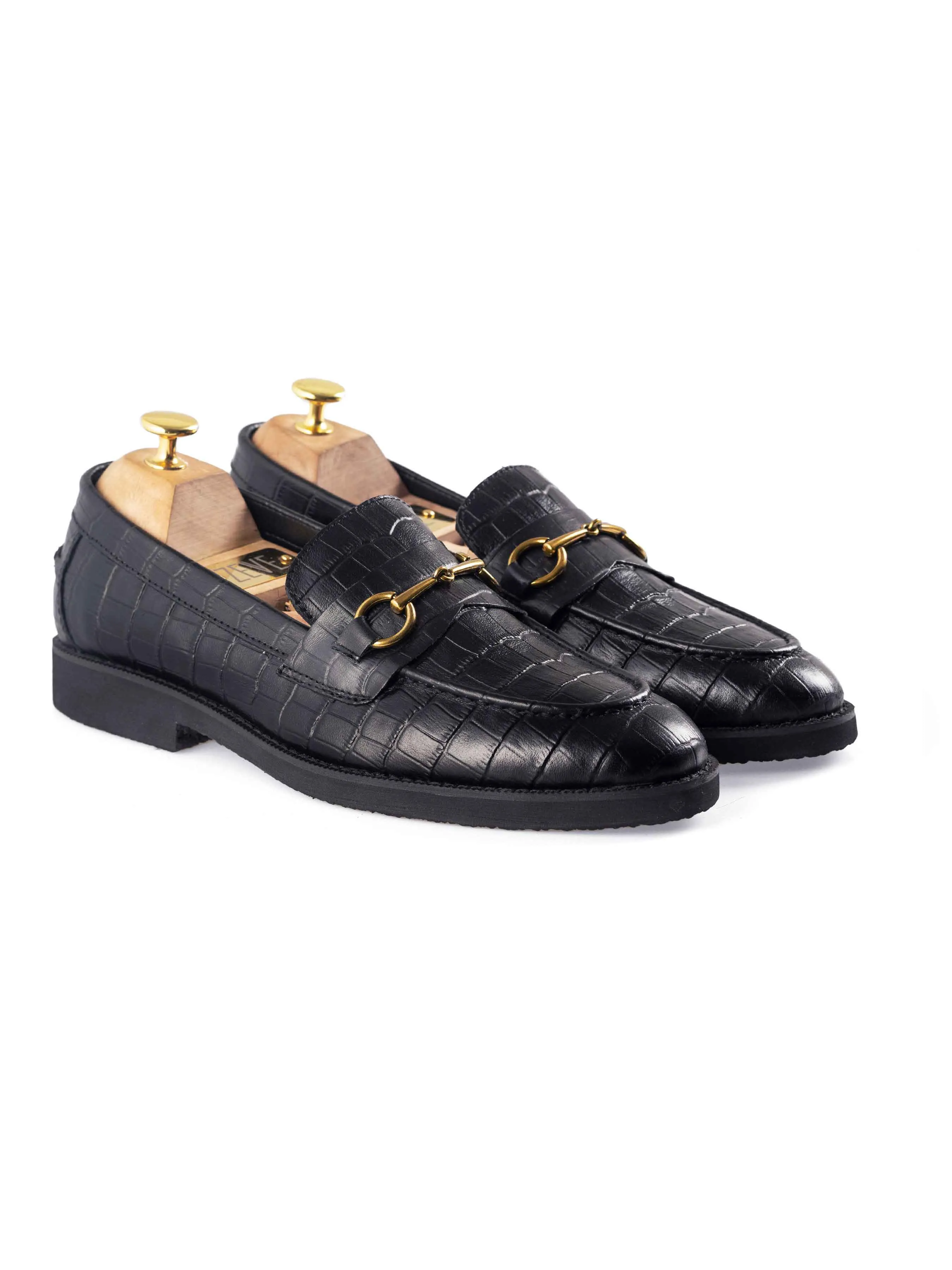 Penny Loafer mit Pferdebit-Verschluss - Schwarzes Krokodilleder (Crepe-Sohle)