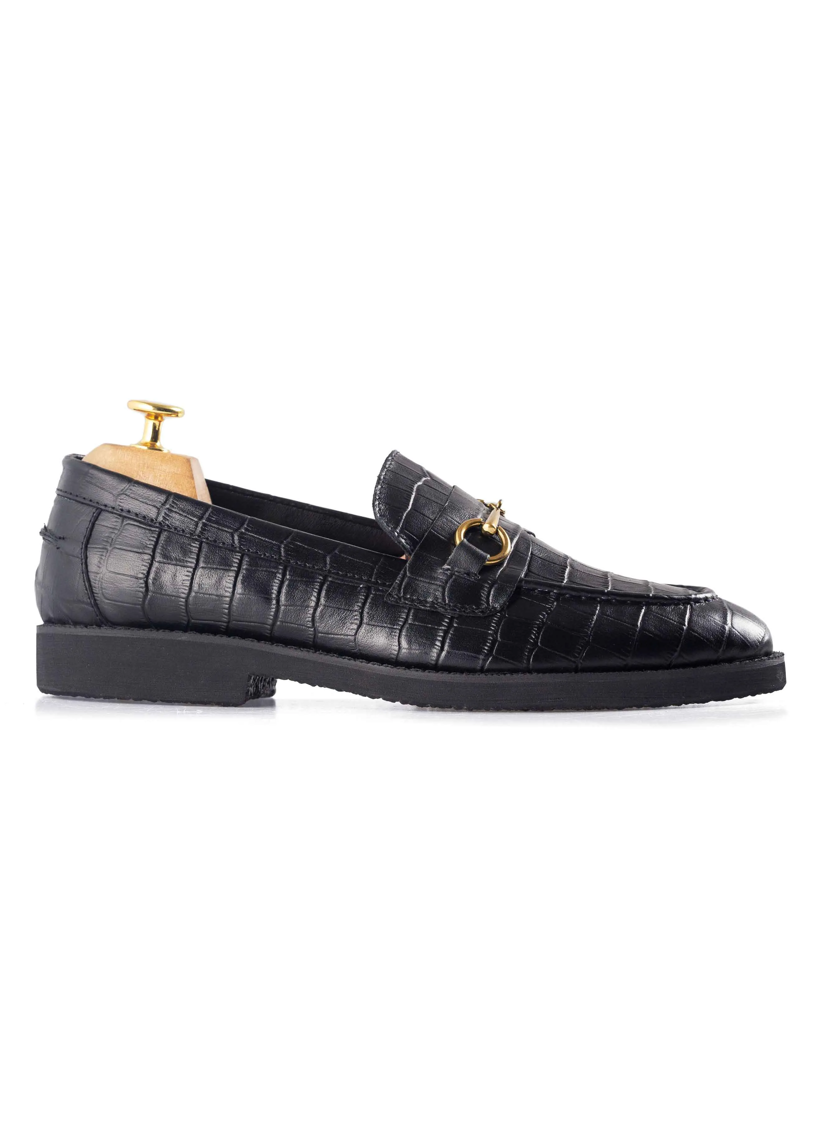 Penny Loafer mit Pferdebit-Verschluss - Schwarzes Krokodilleder (Crepe-Sohle)