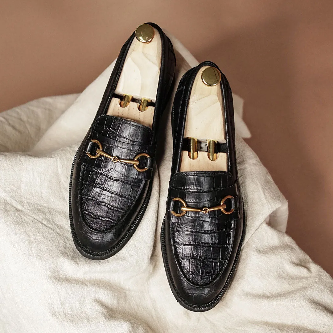 Penny Loafer mit Pferdebit-Verschluss - Schwarzes Krokodilleder (Crepe-Sohle)