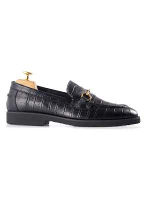 Penny Loafer mit Pferdebit-Verschluss - Schwarzes Krokodilleder (Crepe-Sohle)