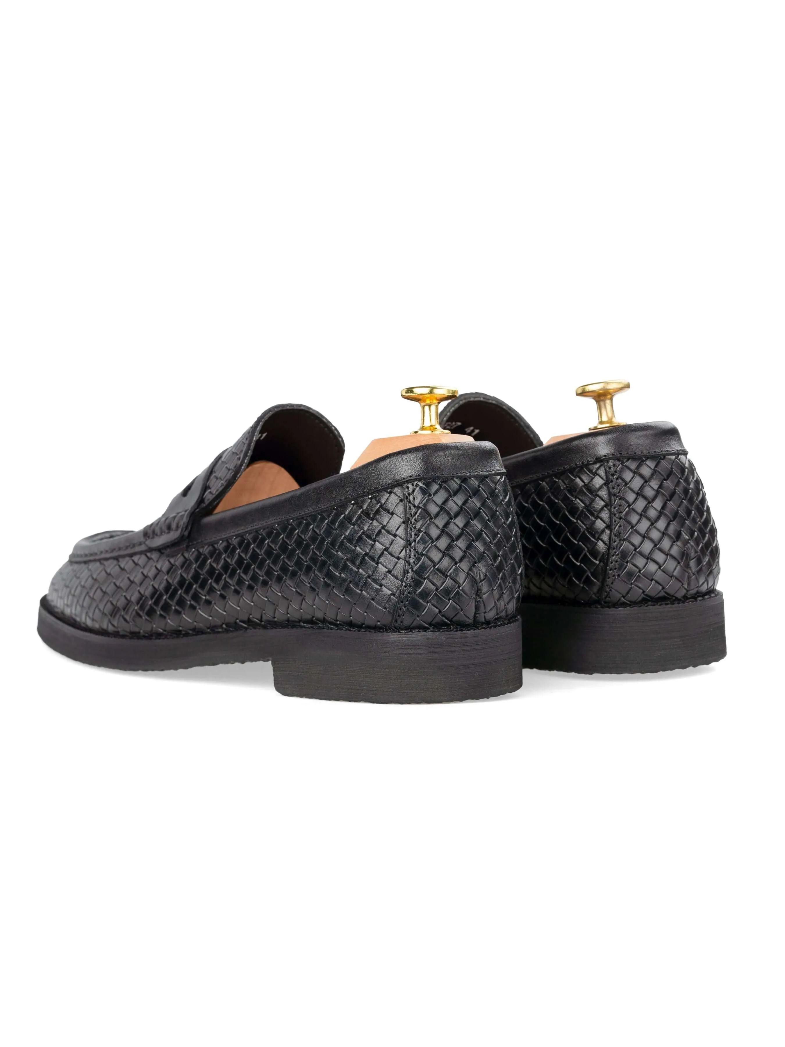 Penny Moccasin Loafer - Schwarz Geflochtenes Leder (Kreppsohle)