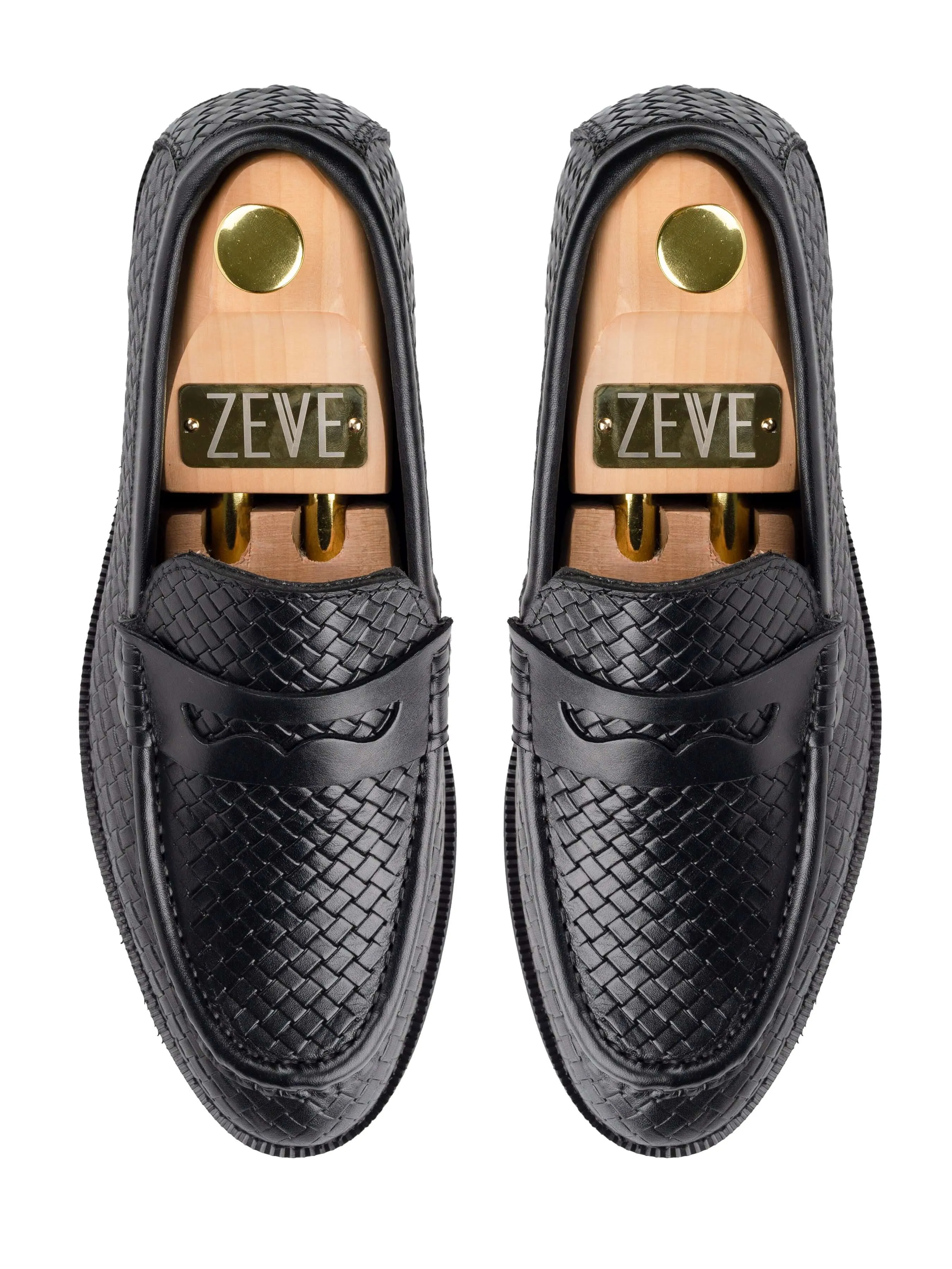 Penny Moccasin Loafer - Schwarz Geflochtenes Leder (Kreppsohle)