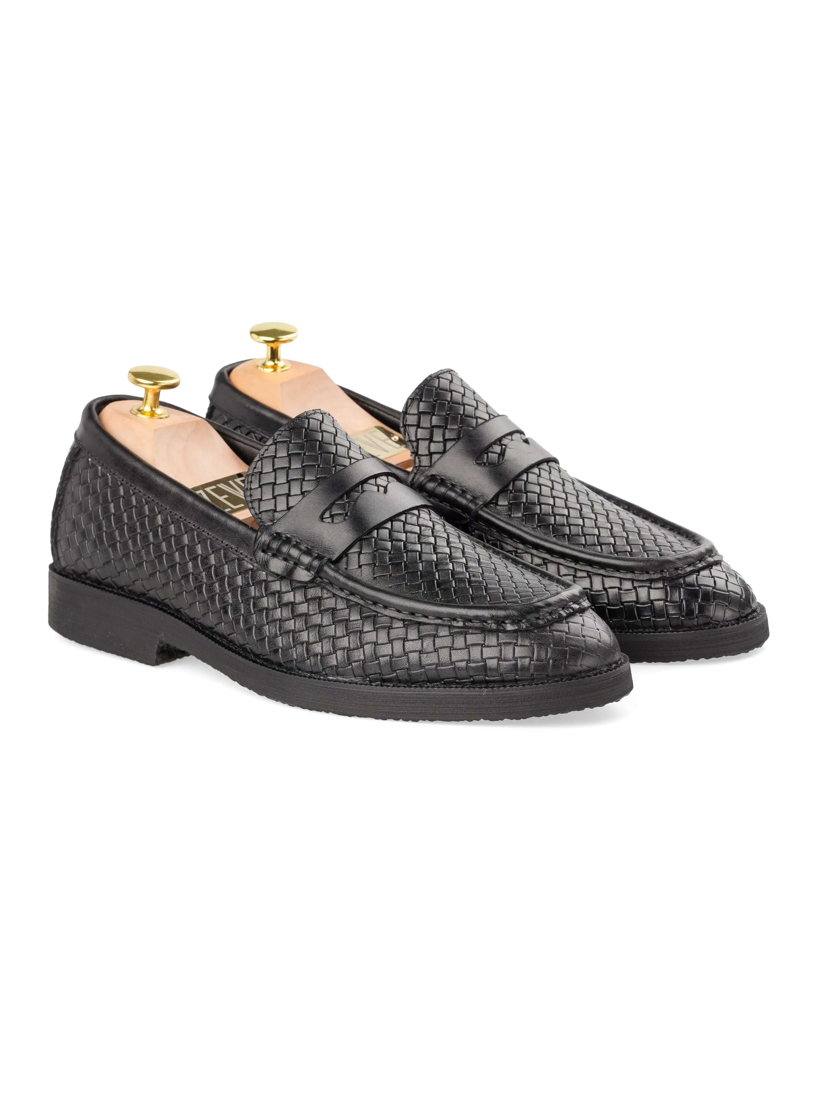 Penny Moccasin Loafer - Schwarz Geflochtenes Leder (Kreppsohle)