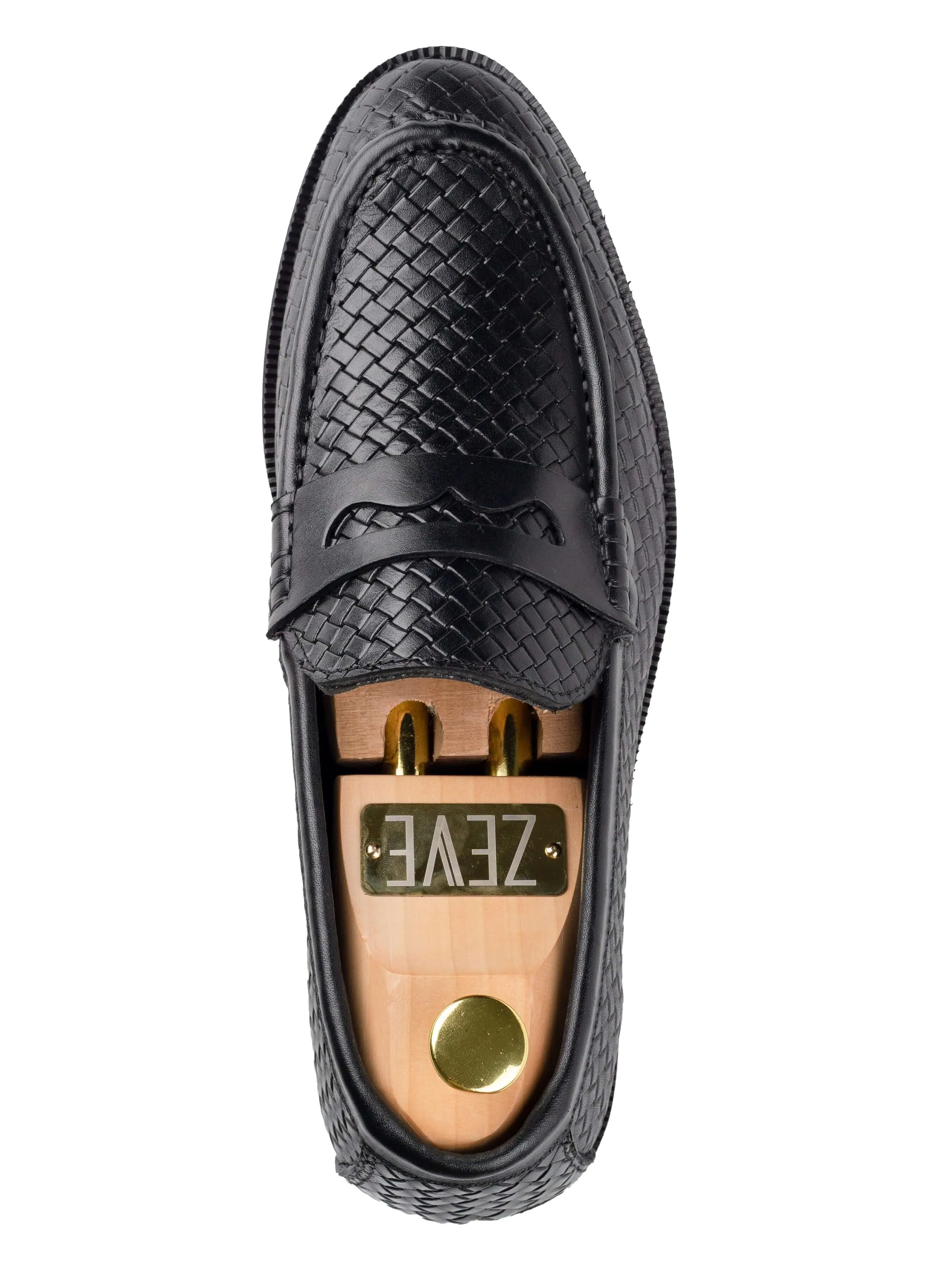 Penny Moccasin Loafer - Schwarz Geflochtenes Leder (Kreppsohle)