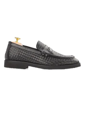 Penny Moccasin Loafer - Schwarz Geflochtenes Leder (Kreppsohle)
