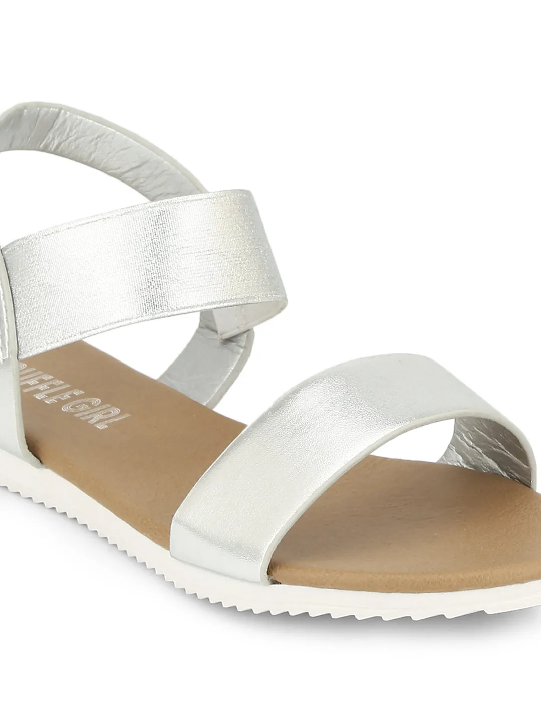 Silberne Slip-On-Sandalen mit Knöchelriemen