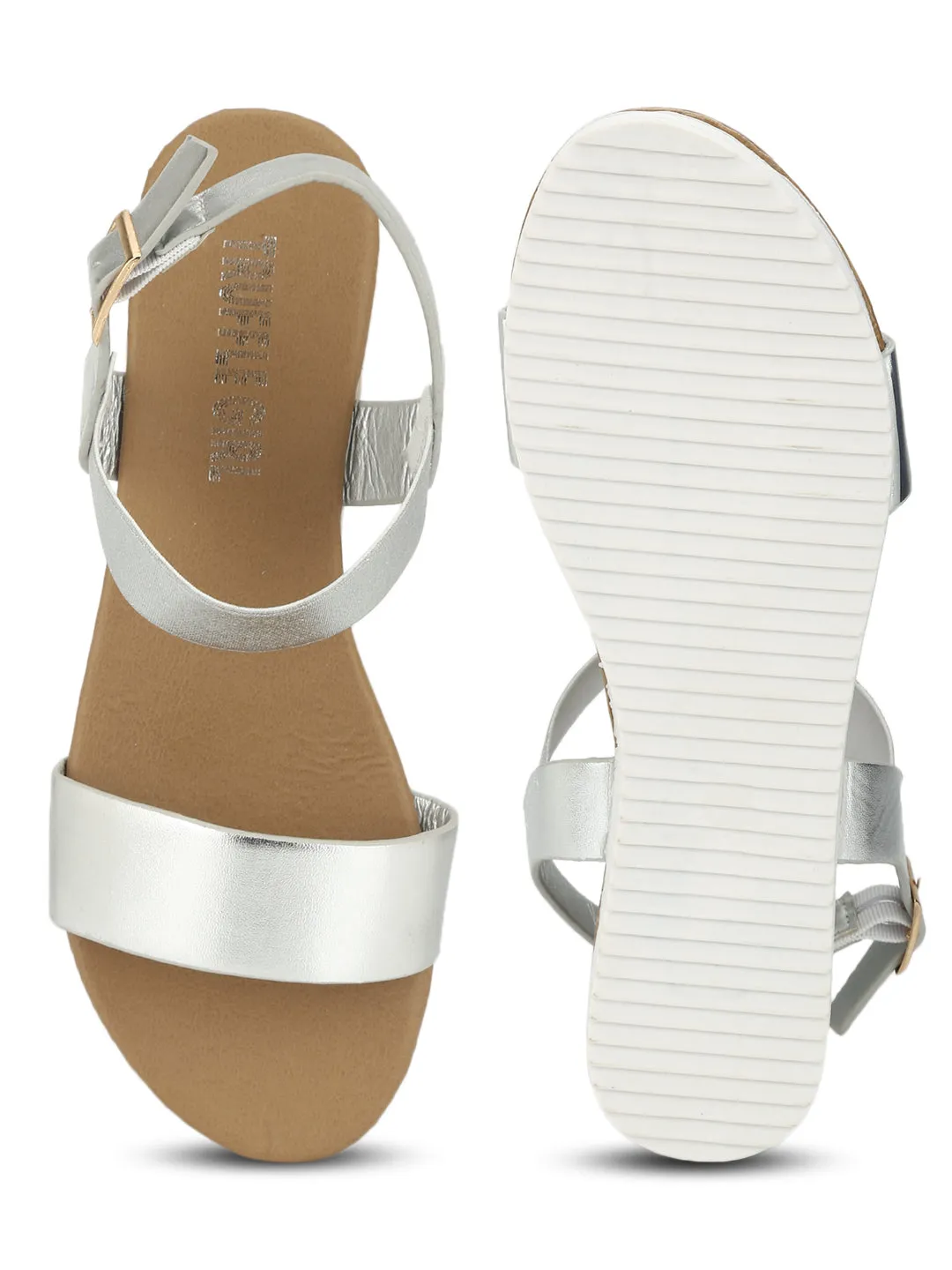Silberne Slip-On-Sandalen mit Knöchelriemen