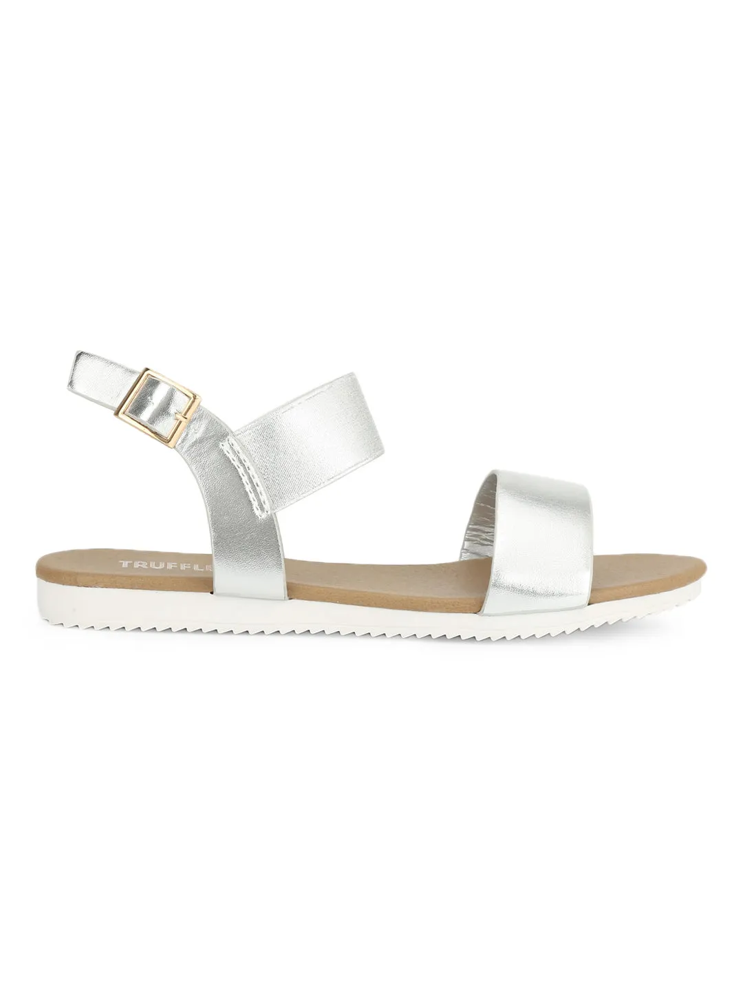 Silberne Slip-On-Sandalen mit Knöchelriemen