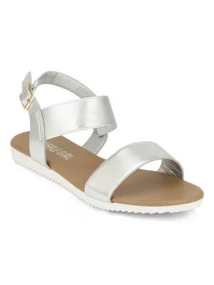 Silberne Slip-On-Sandalen mit Knöchelriemen