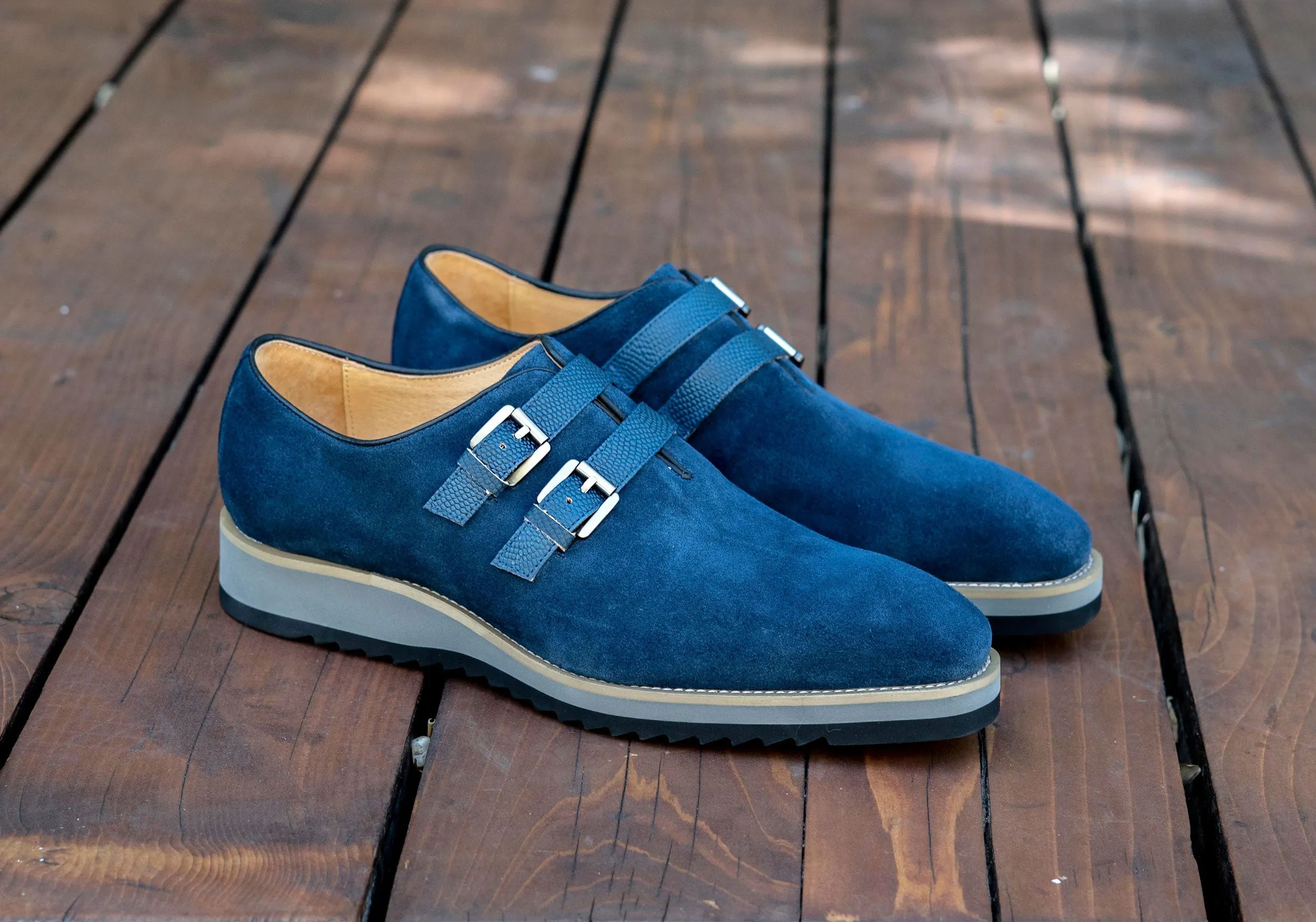 Suede Slip-On Doppelriemenschuh Marineblau