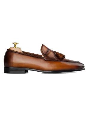 Quaste Loafer mit Flügelriemen - Cognac Braun (Handbemalte Patina)